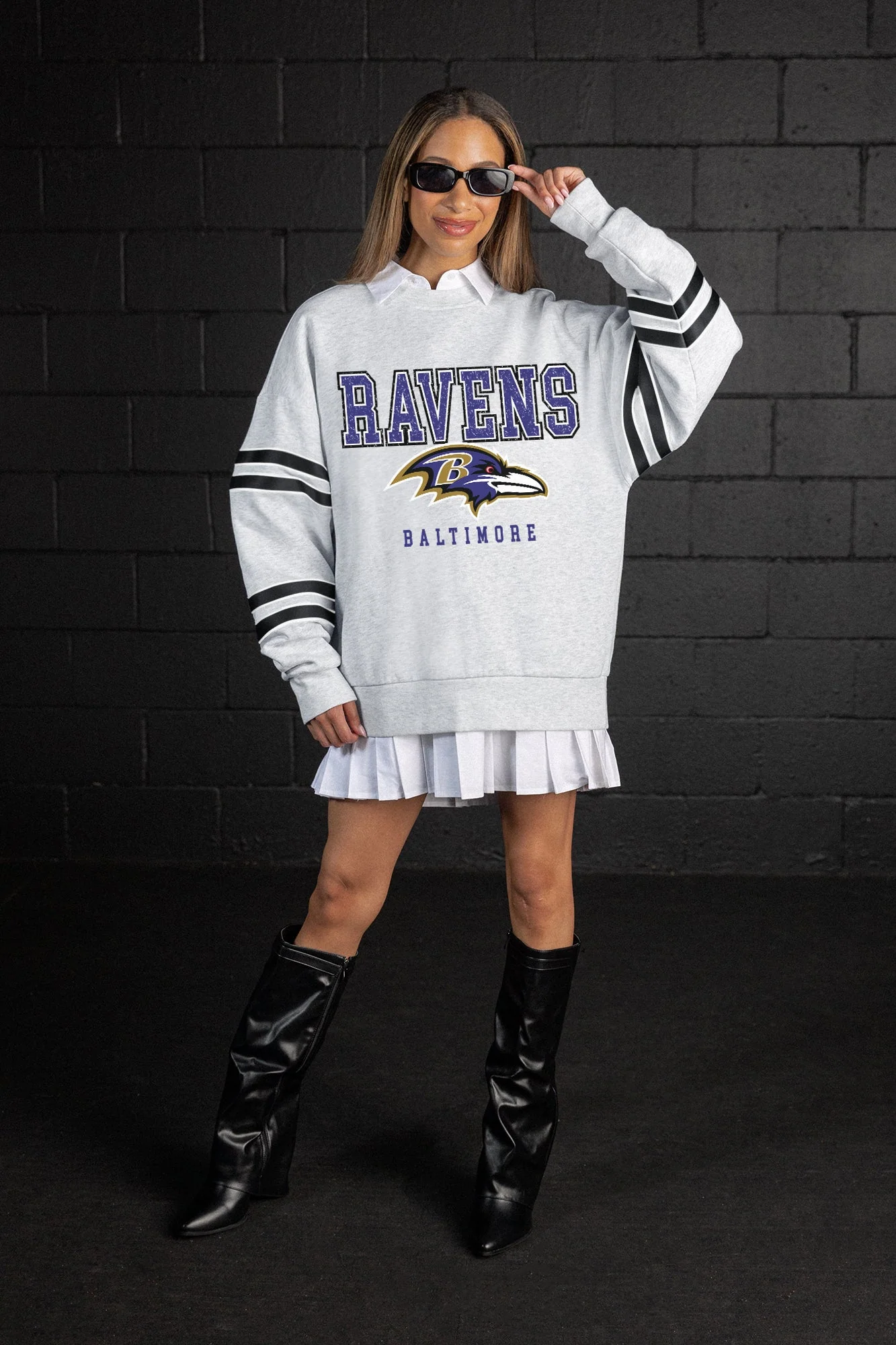 BALTIMORE RAVENS STADIUM STRIPES VARSITY STRIPE SLEEVE CREWNECK SWEATSHIRT