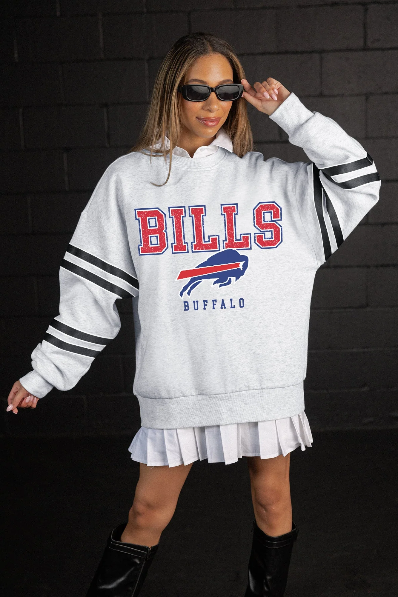 BUFFALO BILLS STADIUM STRIPES VARSITY STRIPE SLEEVE CREWNECK SWEATSHIRT