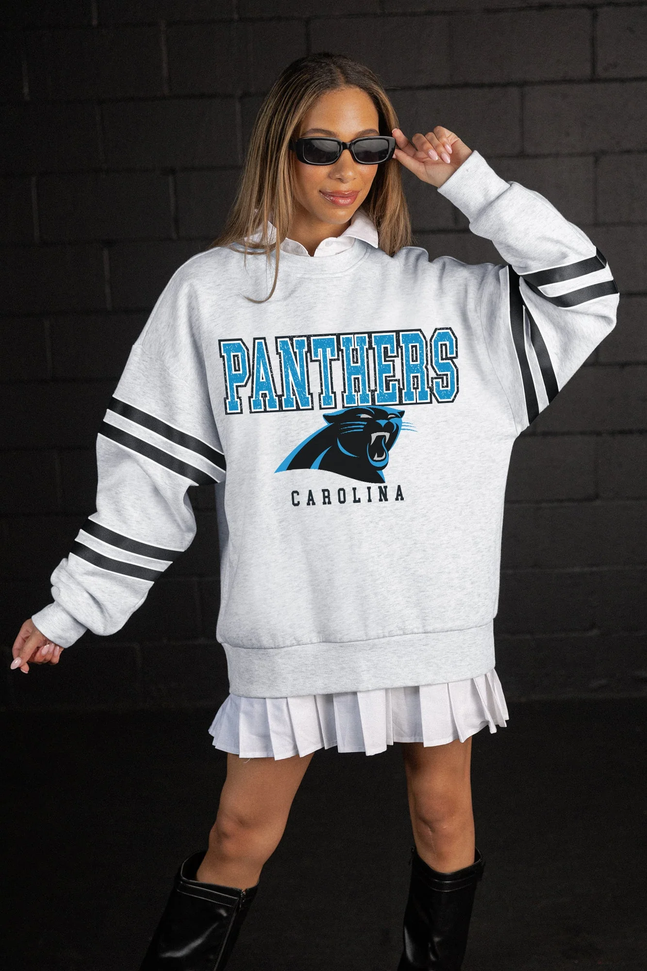 CAROLINA PANTHERS STADIUM STRIPES VARSITY STRIPE SLEEVE CREWNECK SWEATSHIRT