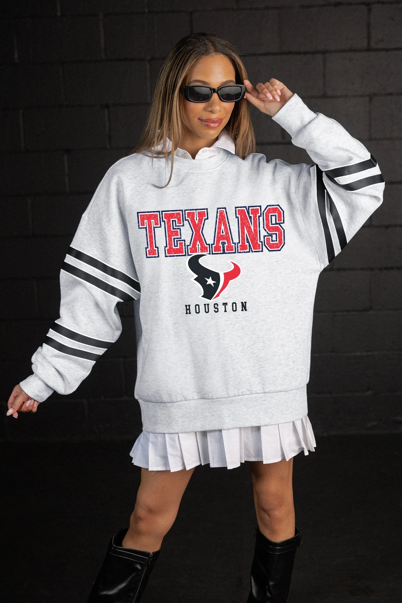 HOUSTON TEXANS STADIUM STRIPES VARSITY STRIPE SLEEVE CREWNECK SWEATSHIRT