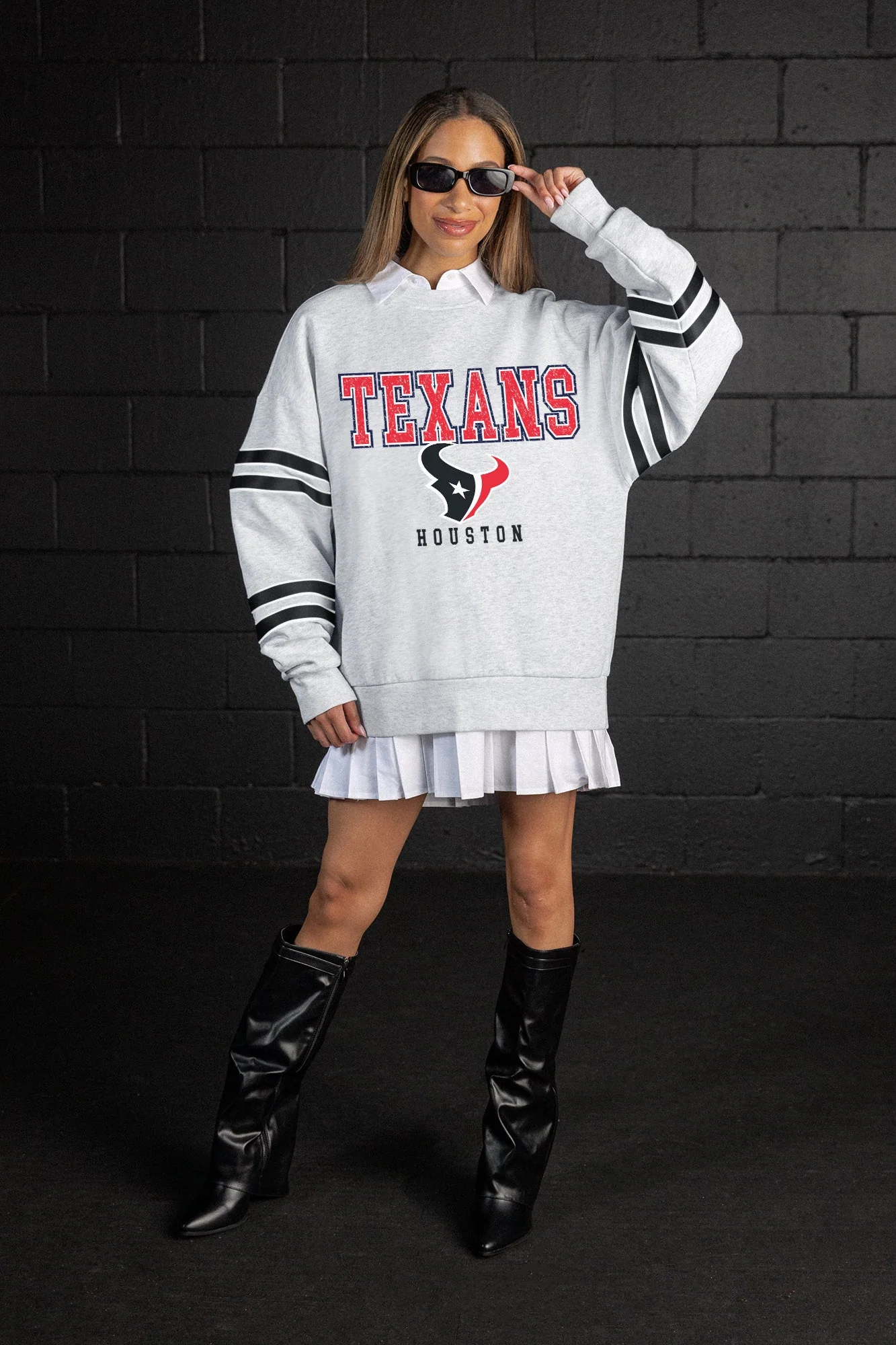HOUSTON TEXANS STADIUM STRIPES VARSITY STRIPE SLEEVE CREWNECK SWEATSHIRT