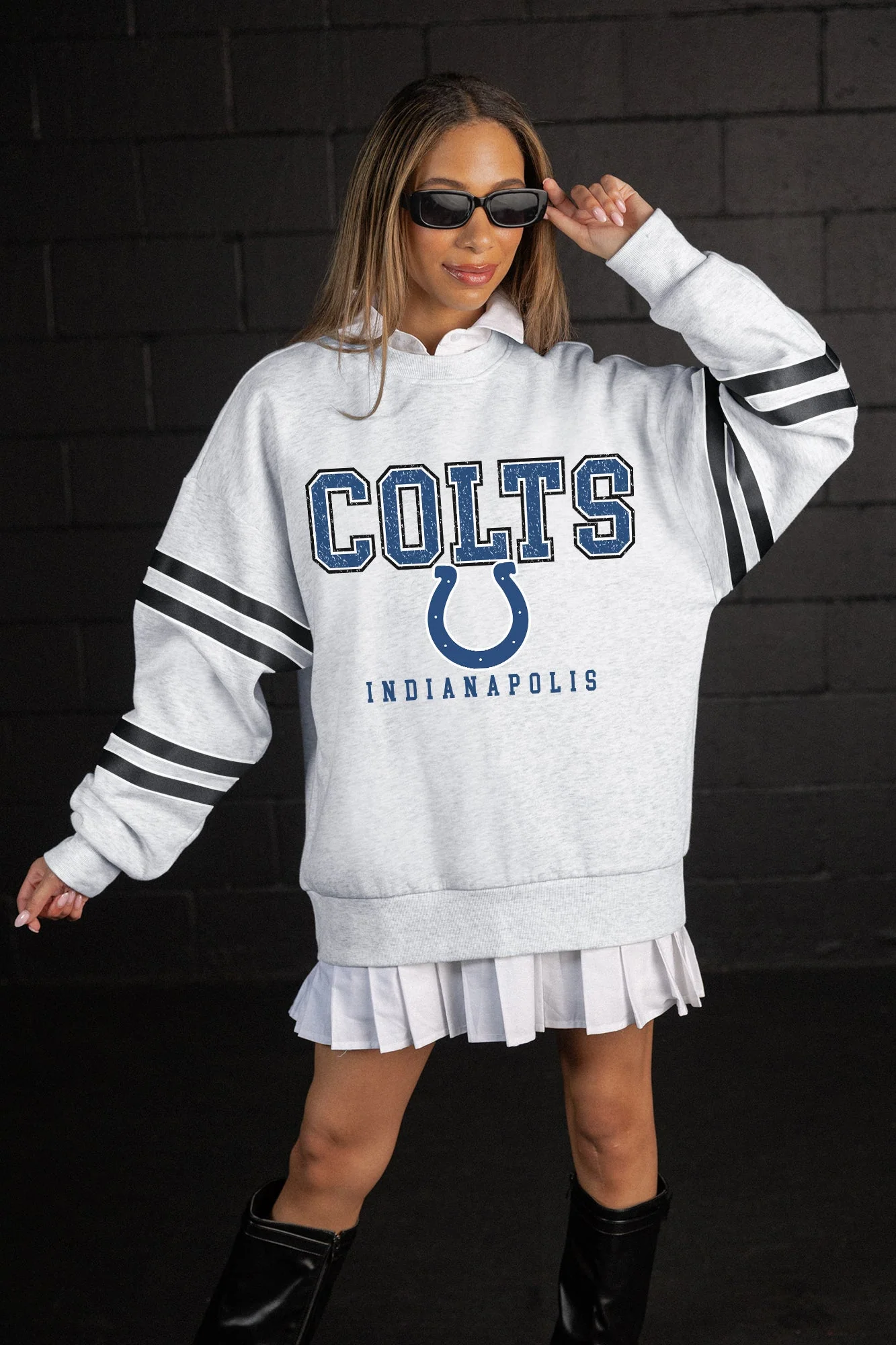 INDIANAPOLIS COLTS STADIUM STRIPES VARSITY STRIPE SLEEVE CREWNECK SWEATSHIRT