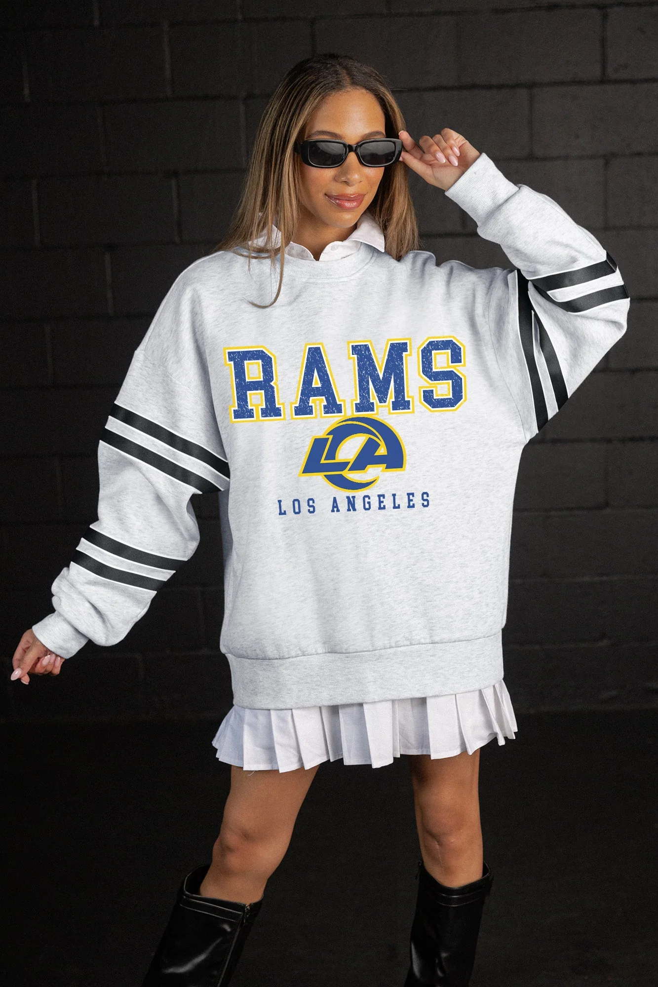 LOS ANGELES RAMS STADIUM STRIPES VARSITY STRIPE SLEEVE CREWNECK SWEATSHIRT