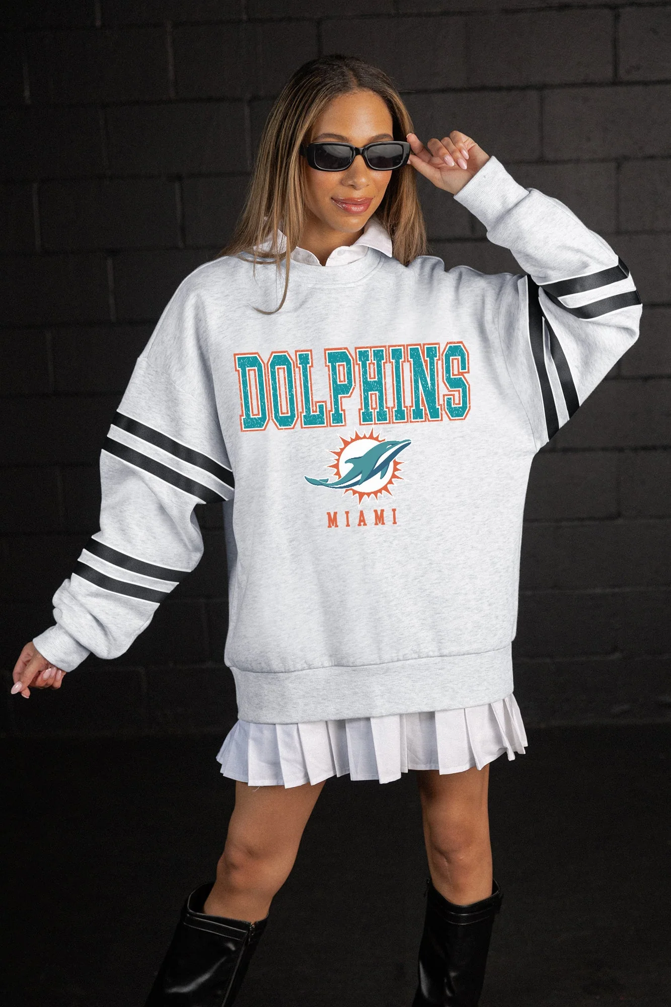 MIAMI DOLPHINS STADIUM STRIPES VARSITY STRIPE SLEEVE CREWNECK SWEATSHIRT