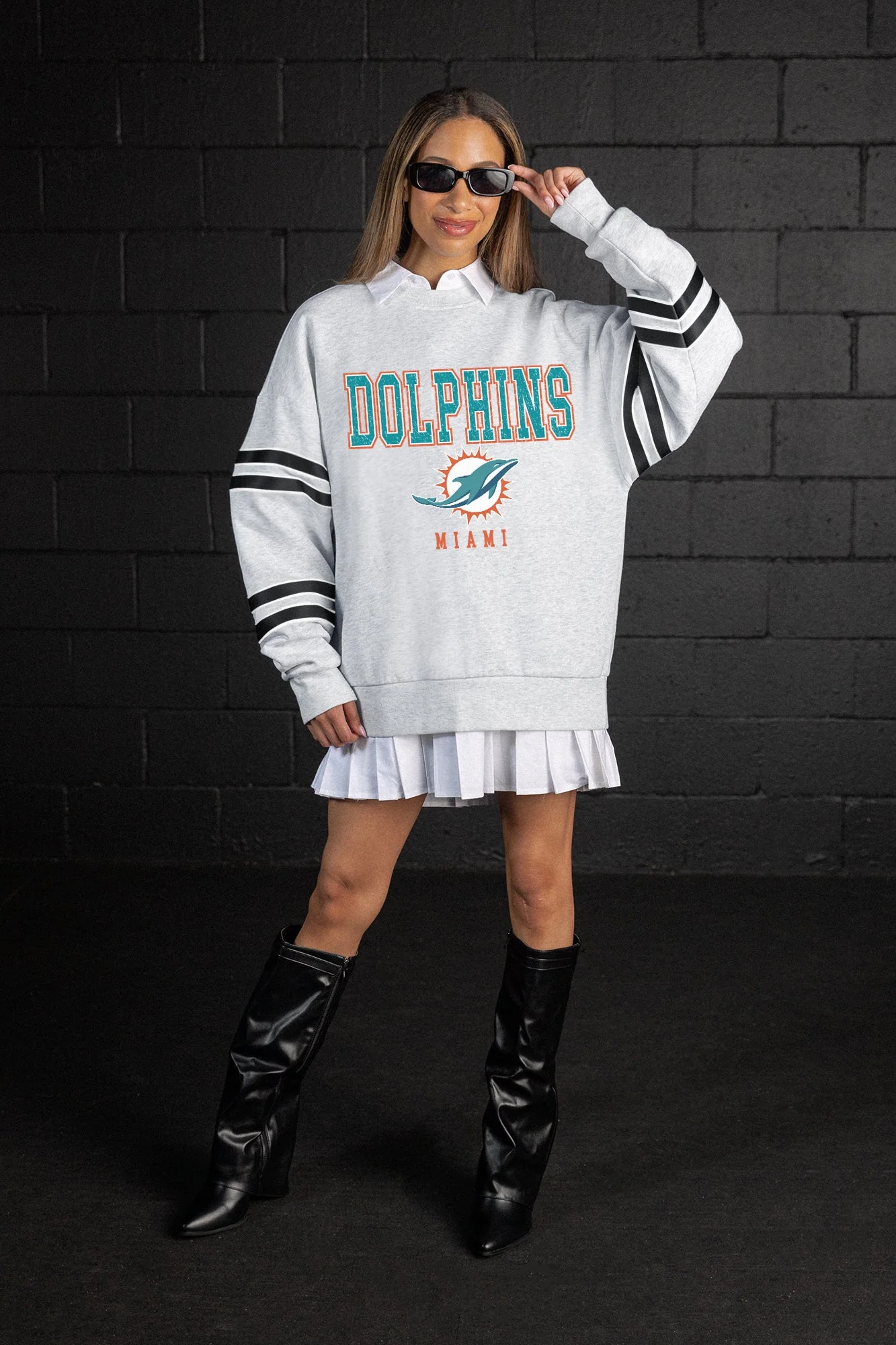 MIAMI DOLPHINS STADIUM STRIPES VARSITY STRIPE SLEEVE CREWNECK SWEATSHIRT