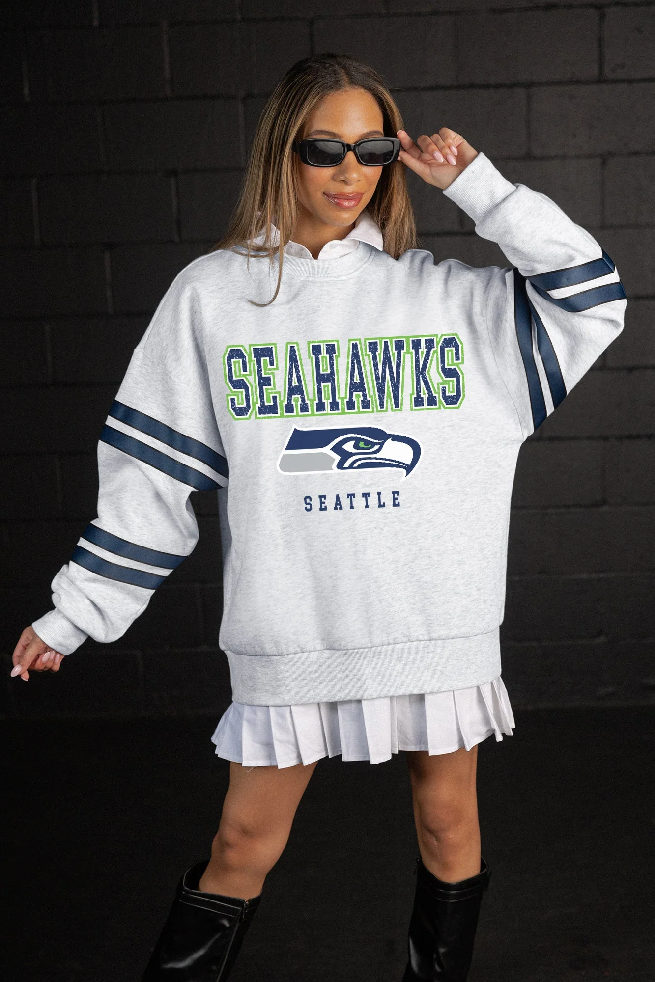 SEATTLE SEAHAWKS STADIUM STRIPES VARSITY STRIPE SLEEVE CREWNECK SWEATSHIRT