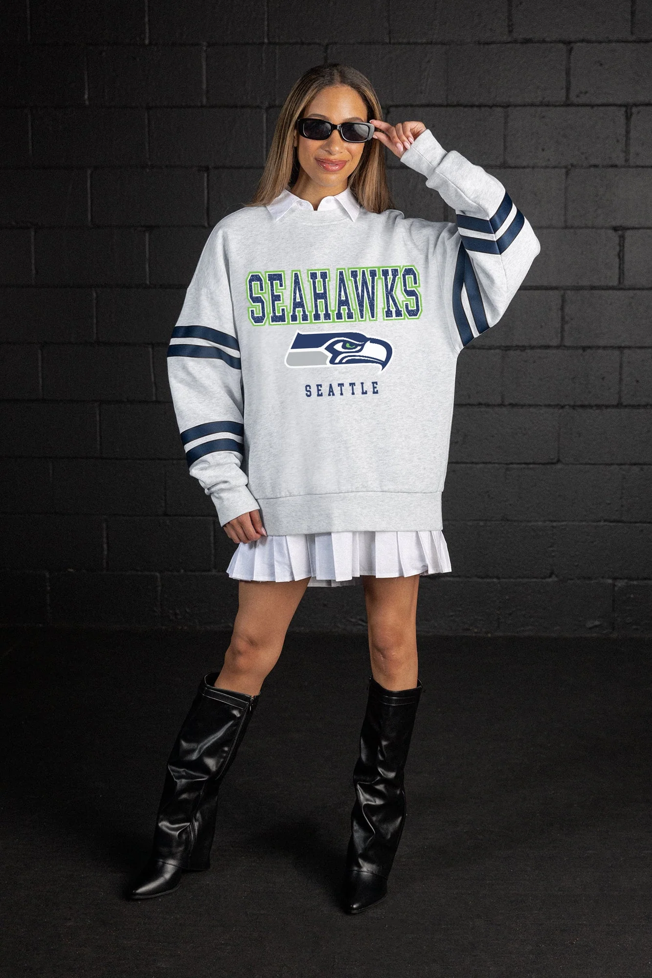 SEATTLE SEAHAWKS STADIUM STRIPES VARSITY STRIPE SLEEVE CREWNECK SWEATSHIRT
