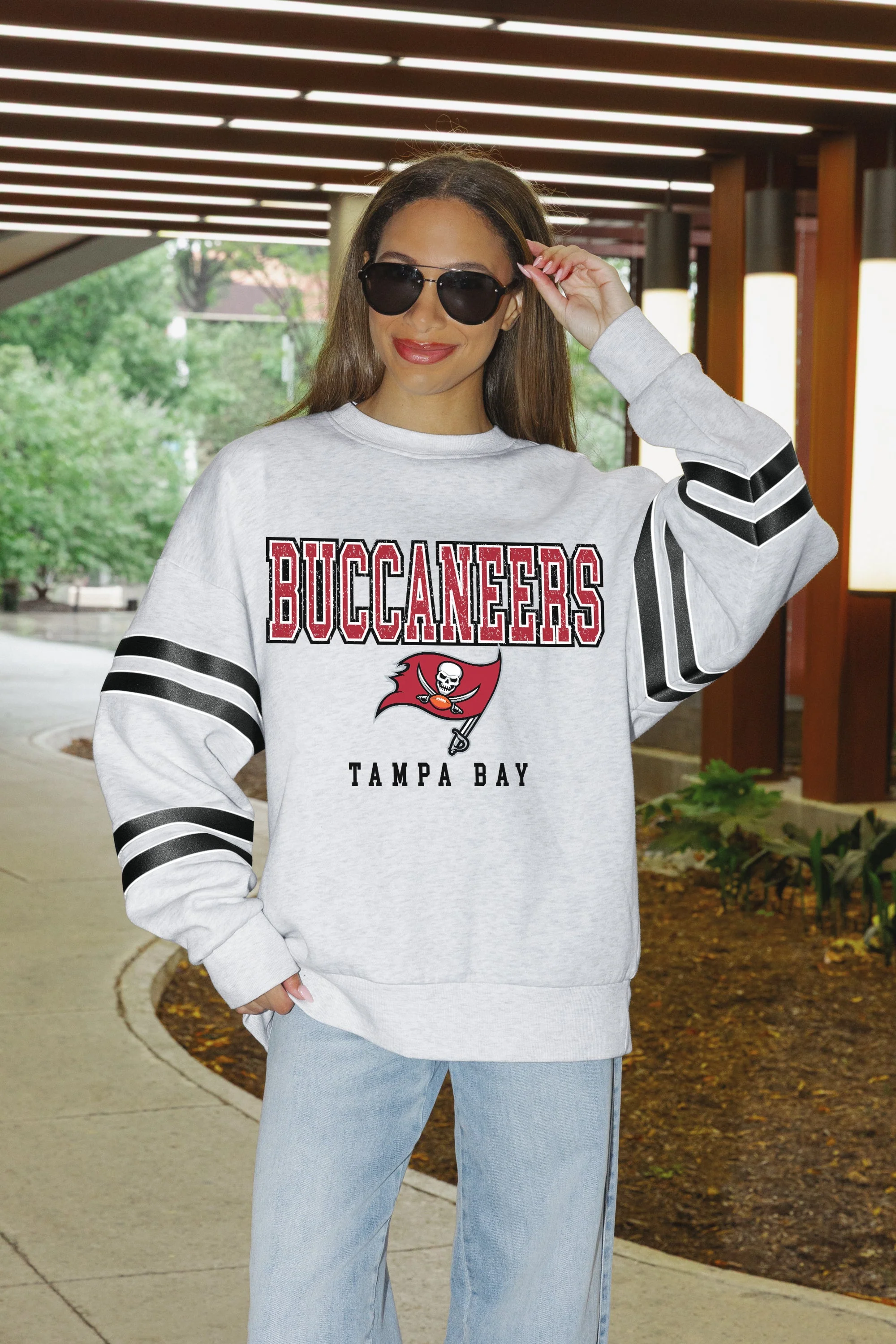 TAMPA BAY BUCCANEERS STADIUM STRIPES VARSITY STRIPE SLEEVE CREWNECK SWEATSHIRT 4 TAMPA BAY BUCCANEERS STADIUM STRIPES VARSITY STRIPE SLEEVE CREWNECK SWEATSHIRT