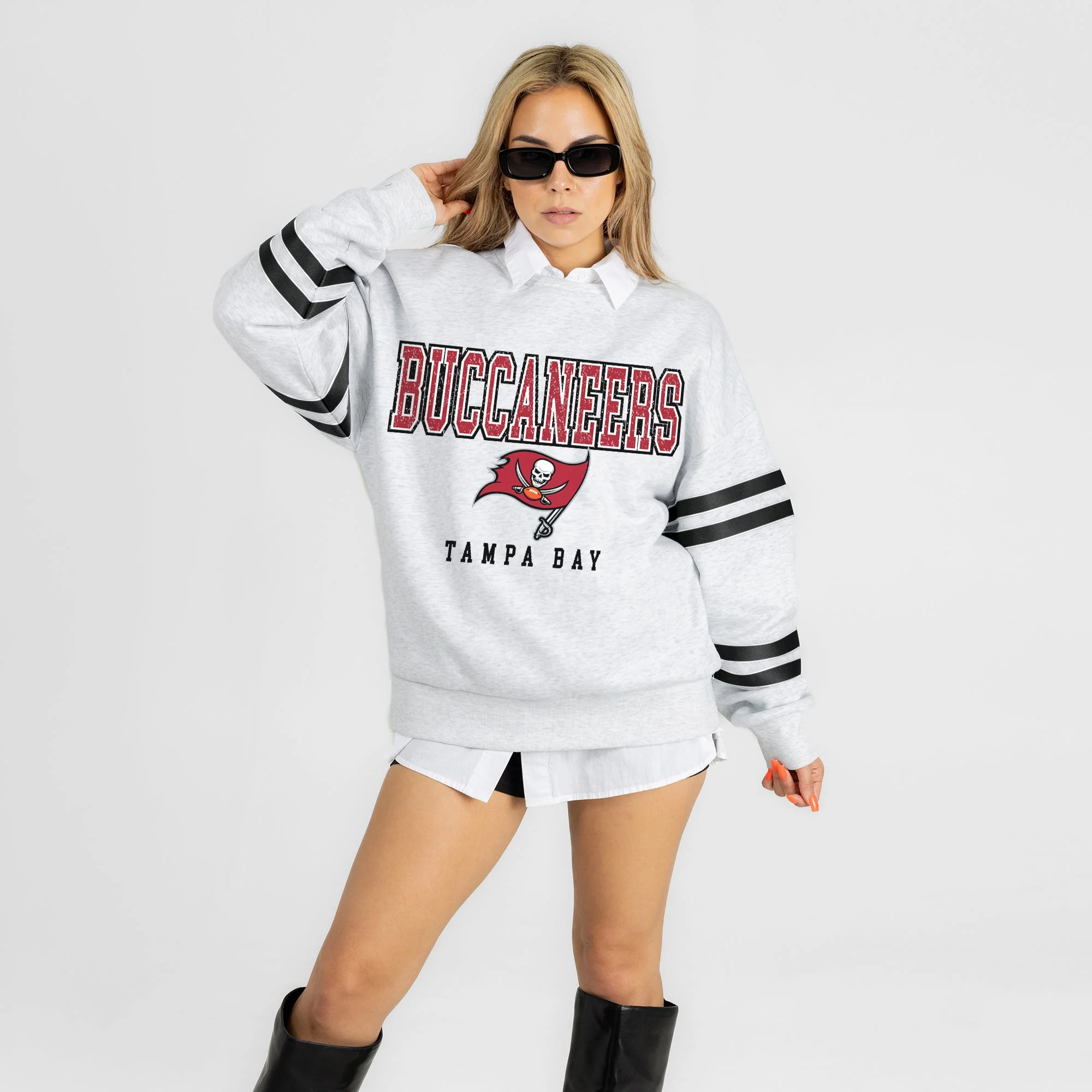TAMPA BAY BUCCANEERS STADIUM STRIPES VARSITY STRIPE SLEEVE CREWNECK SWEATSHIRT 5 TAMPA BAY BUCCANEERS STADIUM STRIPES VARSITY STRIPE SLEEVE CREWNECK SWEATSHIRT