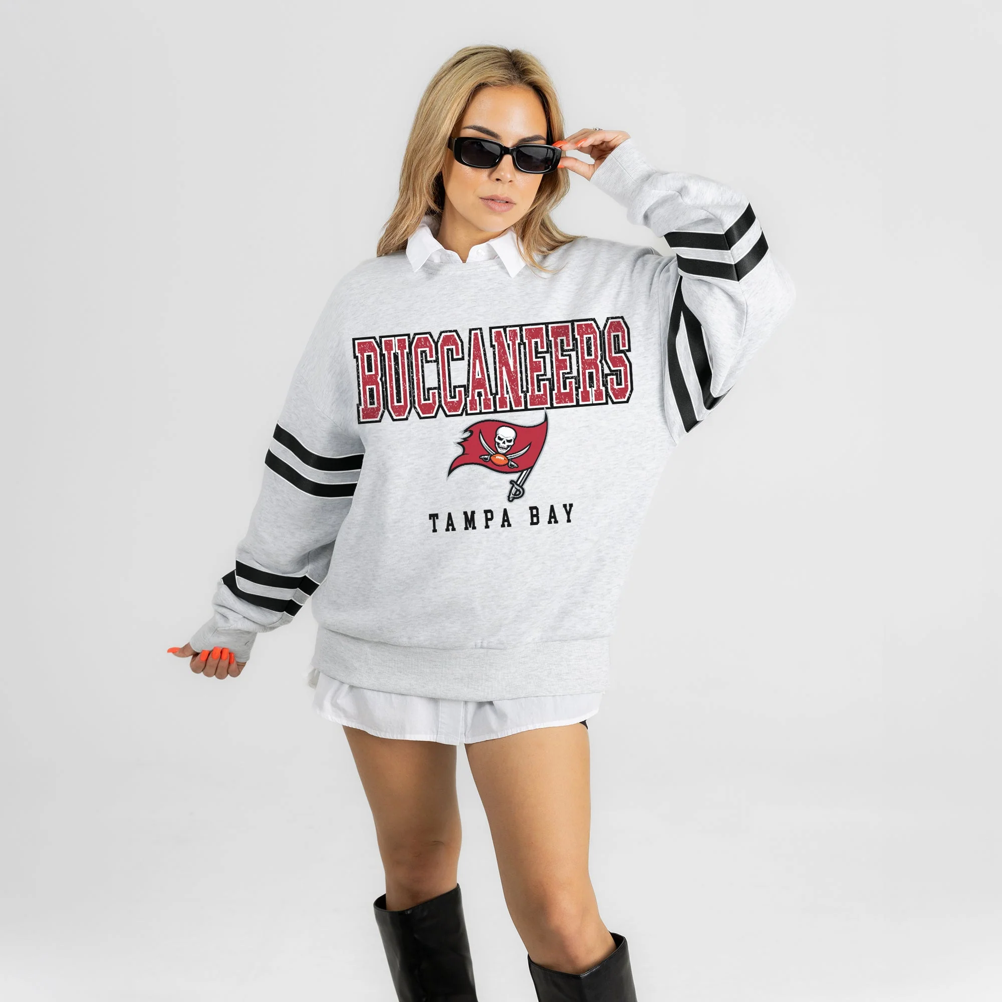 TAMPA BAY BUCCANEERS STADIUM STRIPES VARSITY STRIPE SLEEVE CREWNECK SWEATSHIRT 8 TAMPA BAY BUCCANEERS STADIUM STRIPES VARSITY STRIPE SLEEVE CREWNECK SWEATSHIRT