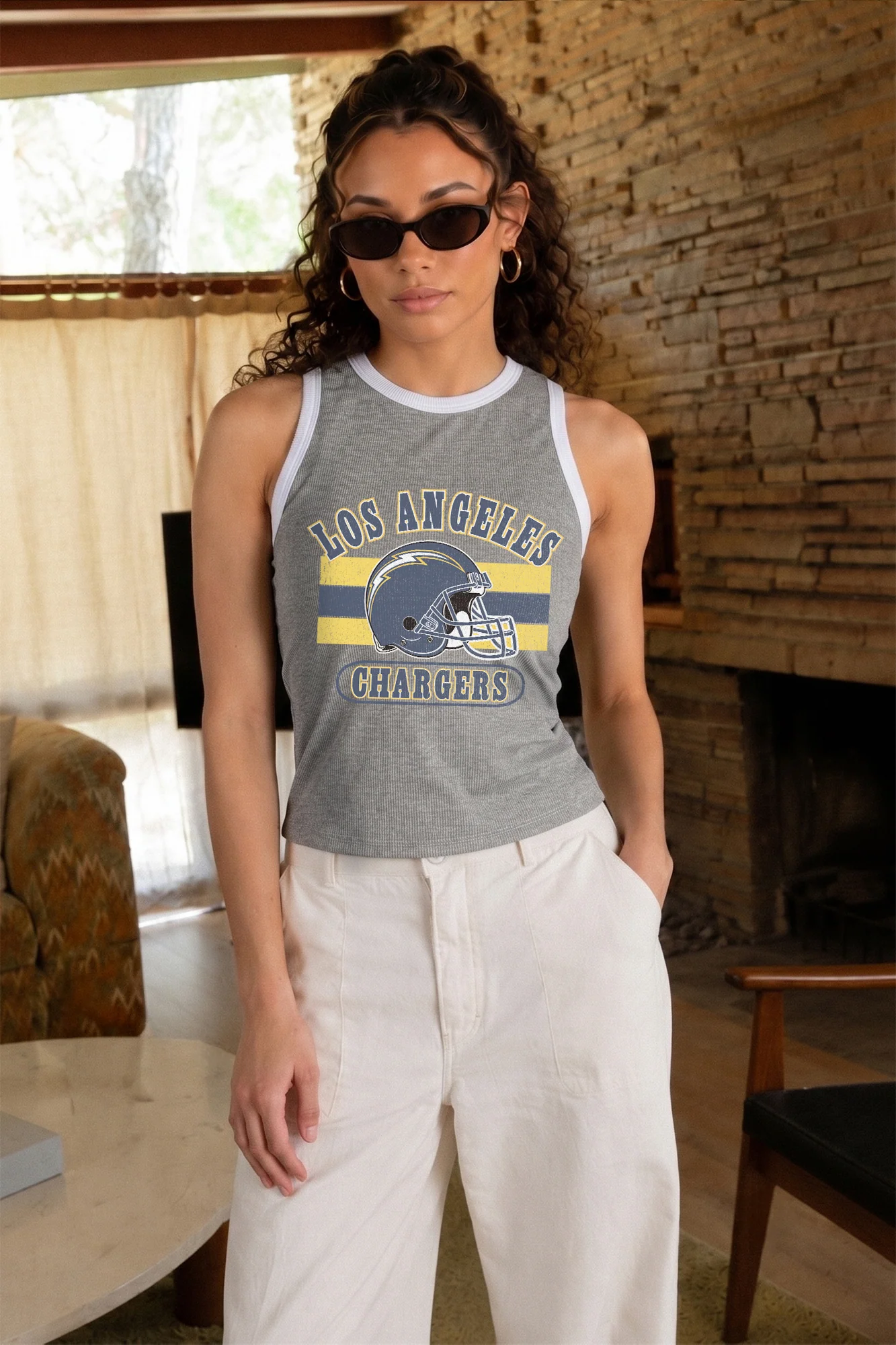 LOS ANGELES CHARGERS VICTORY CLUB CONTRAST TRIM FITTED CROP TANK TOP