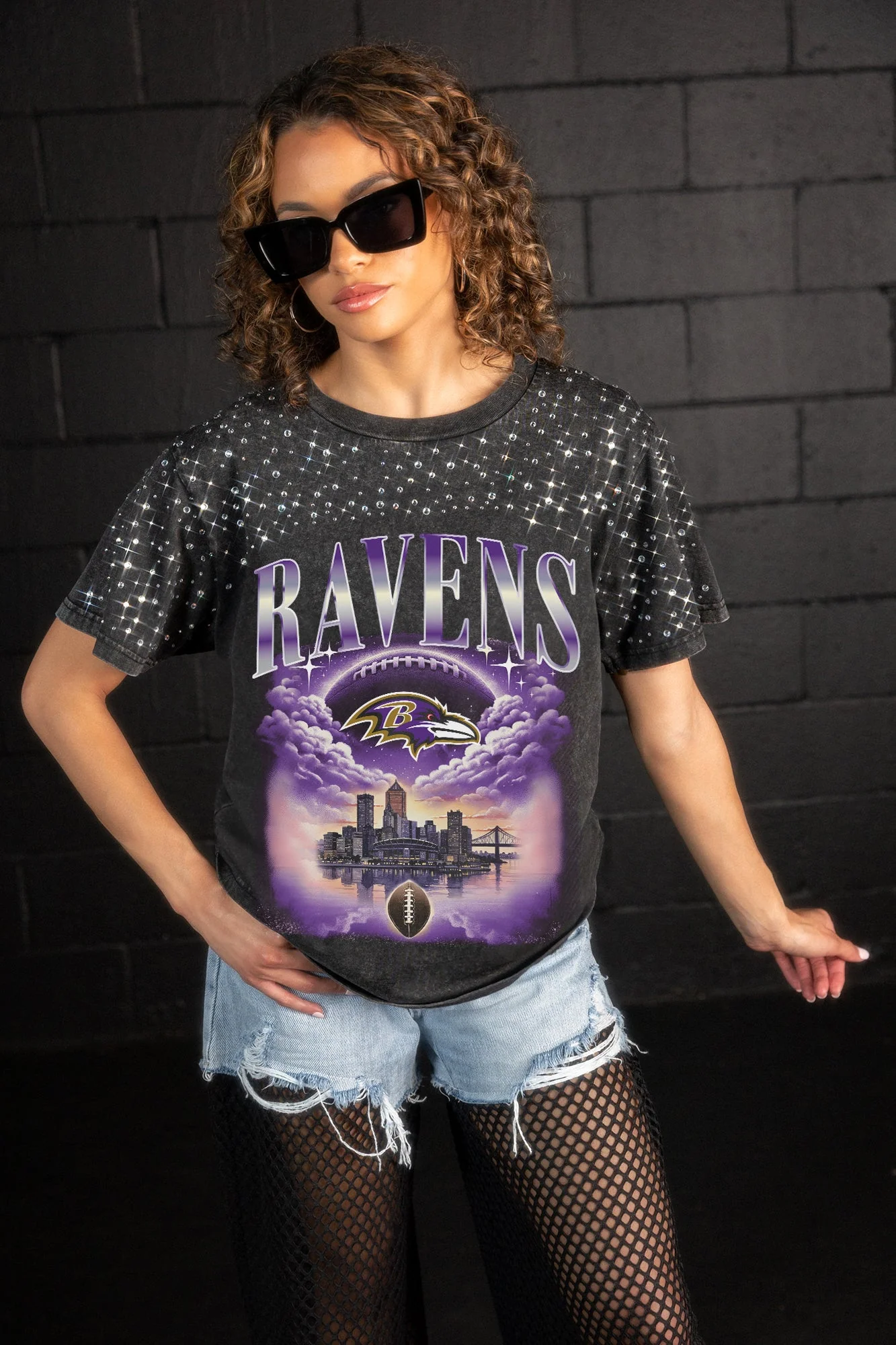 BALTIMORE RAVENS SKY'S THE LIMIT VINTAGE WASH RHINESTONE TEE