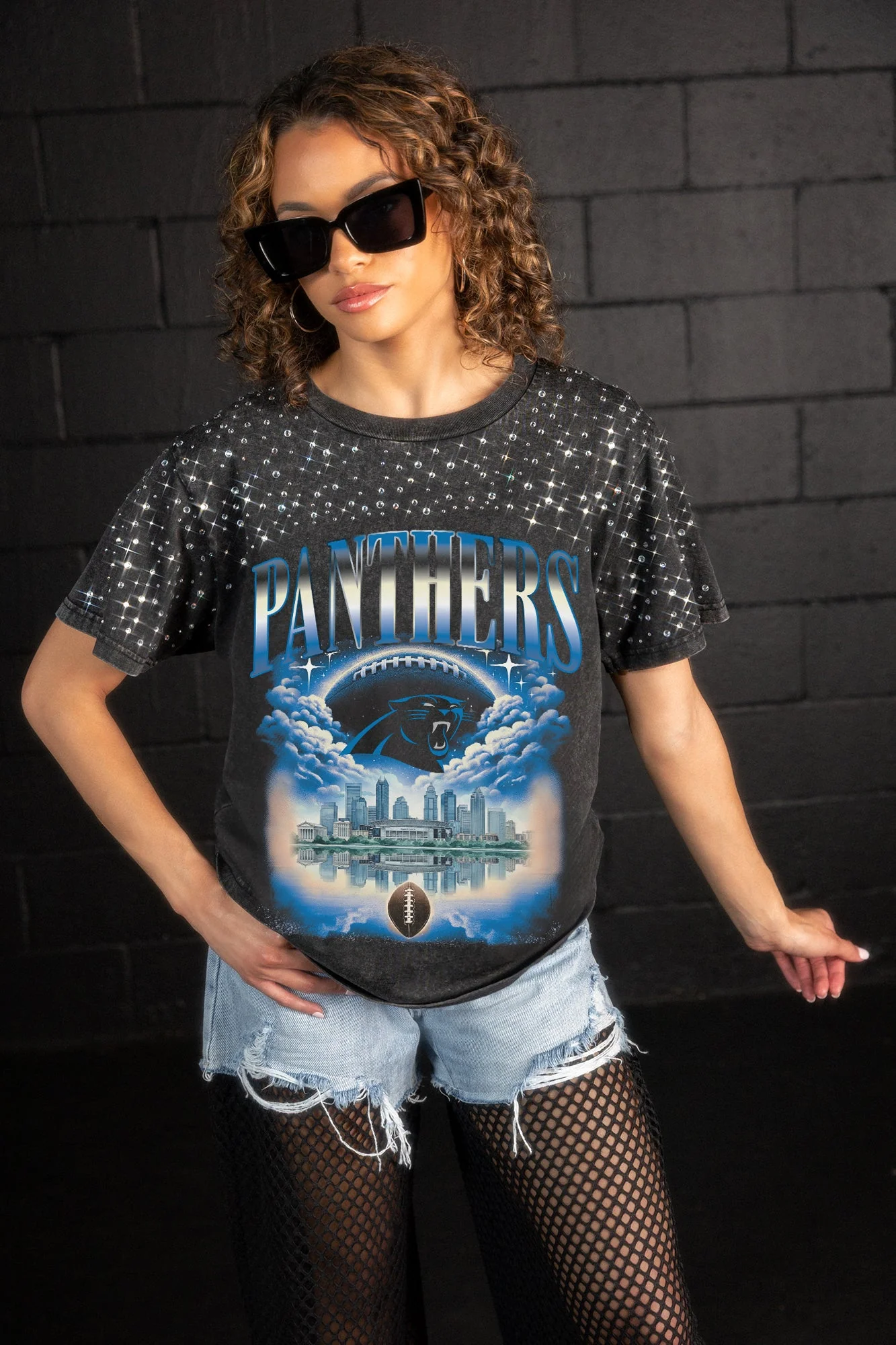 CAROLINA PANTHERS SKY'S THE LIMIT VINTAGE WASH RHINESTONE TEE