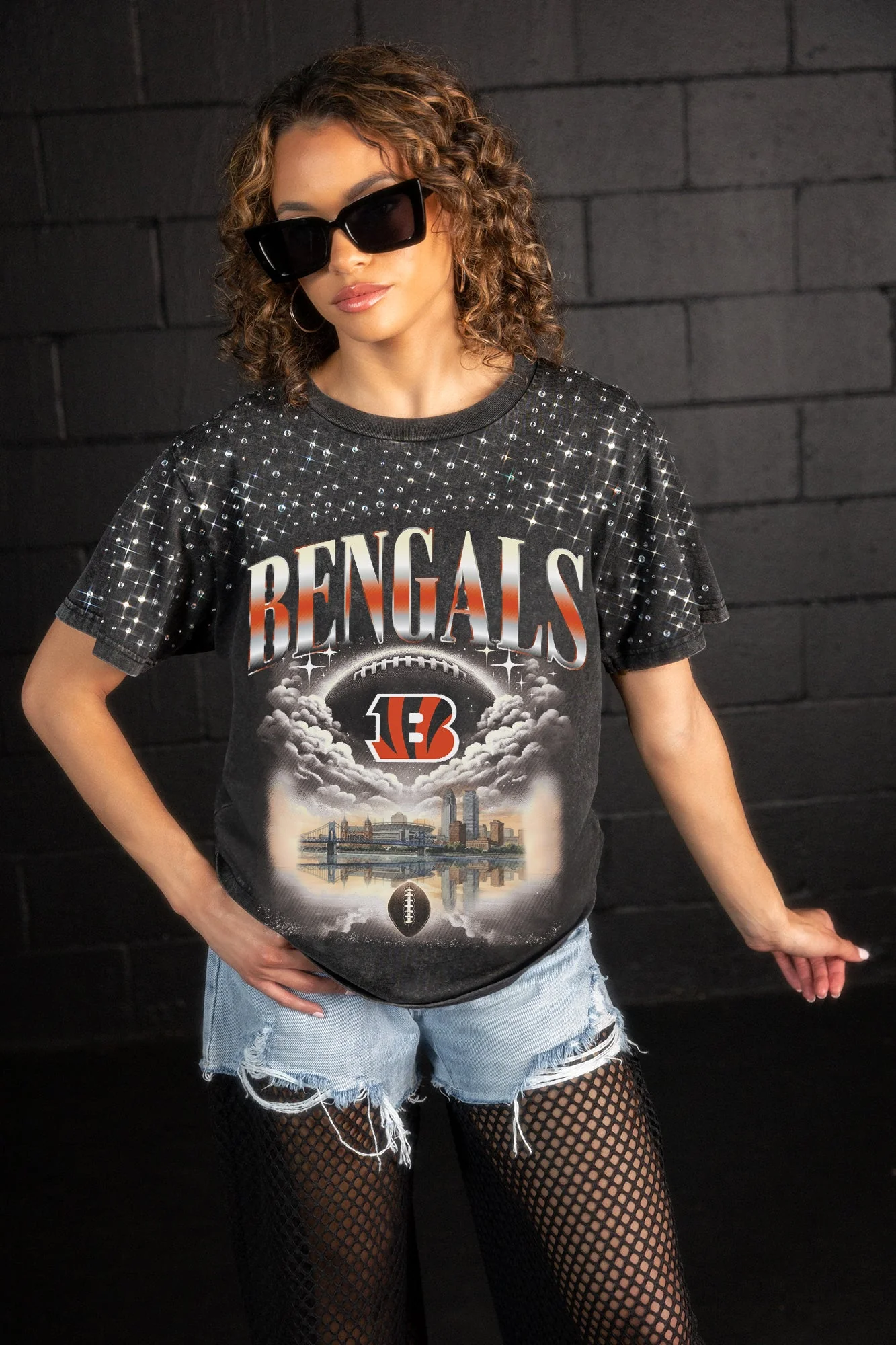 CINCINNATI BENGALS SKY'S THE LIMIT VINTAGE WASH RHINESTONE TEE