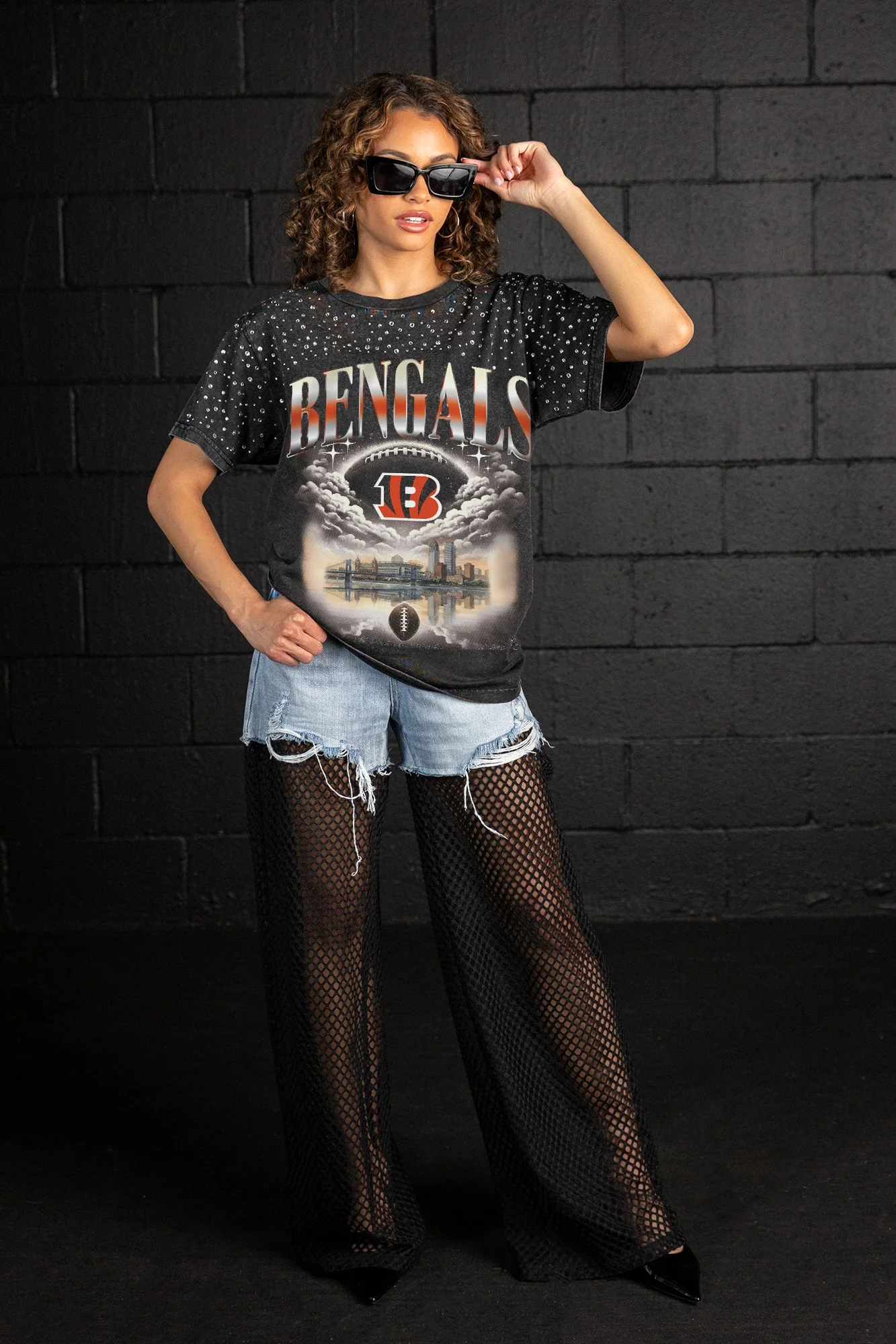 CINCINNATI BENGALS SKY'S THE LIMIT VINTAGE WASH RHINESTONE TEE
