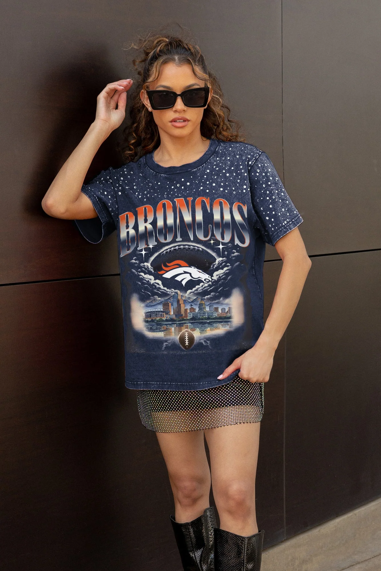 DENVER BRONCOS SKY'S THE LIMIT VINTAGE WASH RHINESTONE TEE