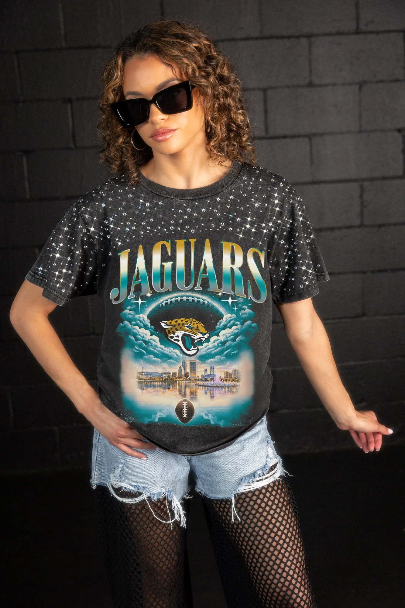 JACKSONVILLE JAGUARS SKY'S THE LIMIT VINTAGE WASH RHINESTONE TEE 1 JACKSONVILLE JAGUARS SKY'S THE LIMIT VINTAGE WASH RHINESTONE TEE