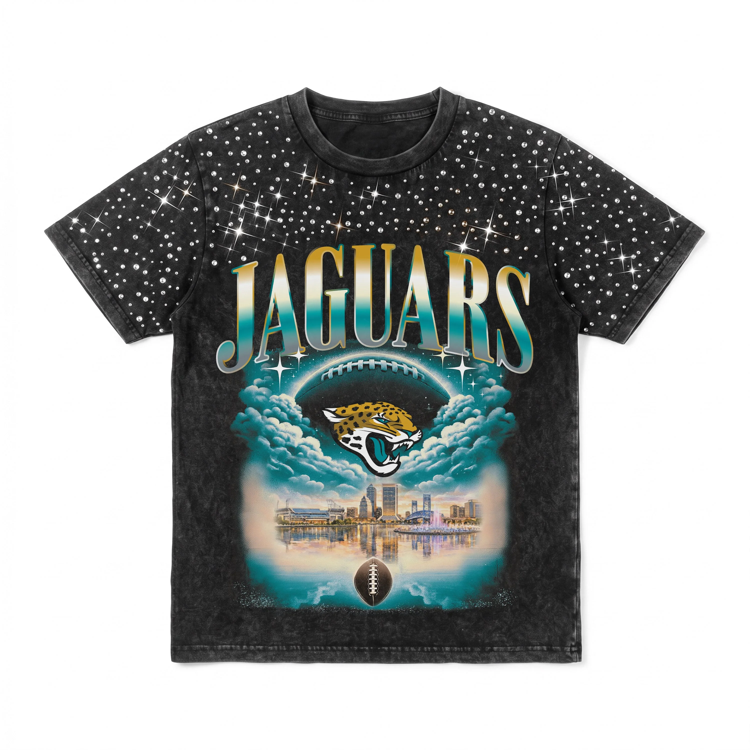 JACKSONVILLE JAGUARS SKY'S THE LIMIT VINTAGE WASH RHINESTONE TEE 10 JACKSONVILLE JAGUARS SKY'S THE LIMIT VINTAGE WASH RHINESTONE TEE