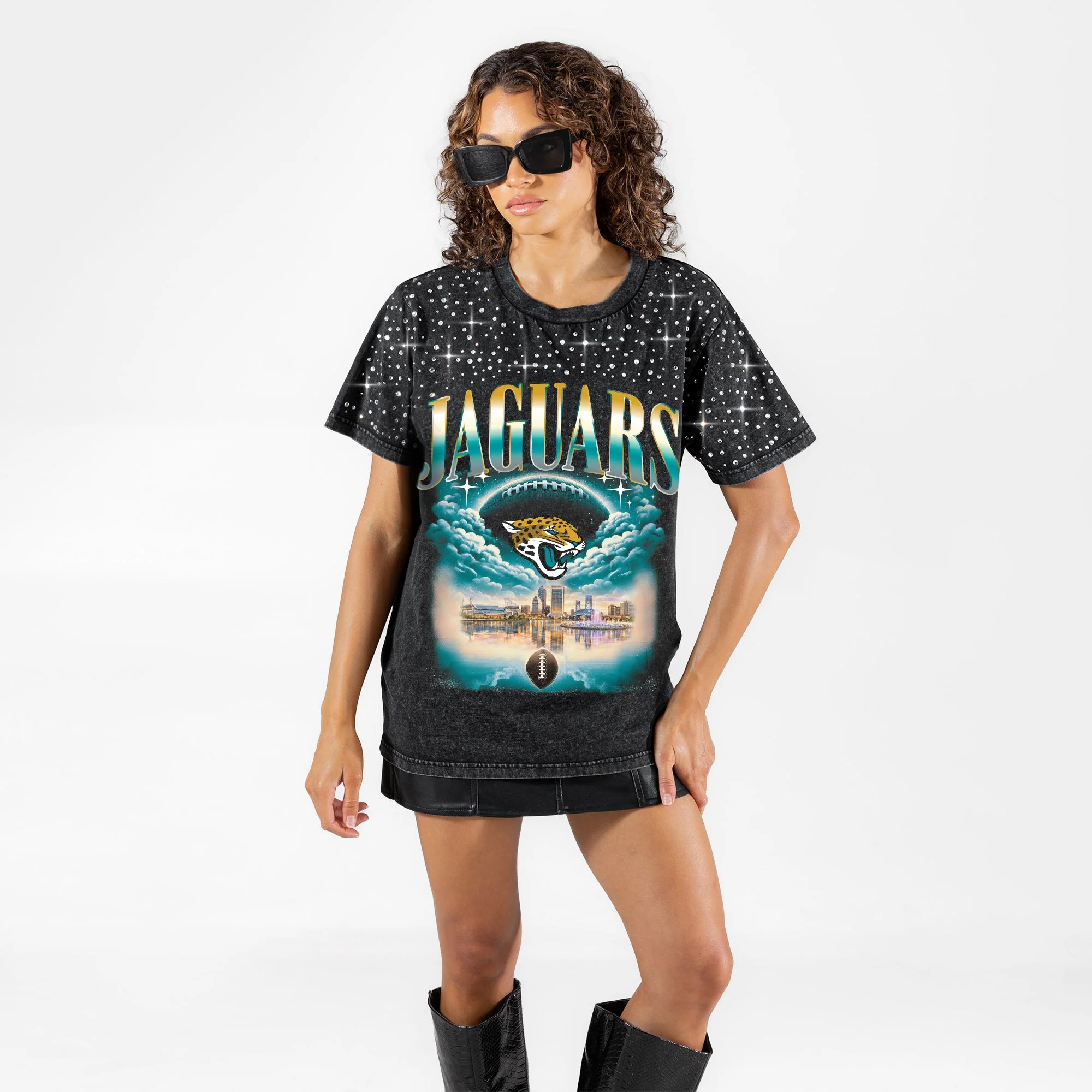 JACKSONVILLE JAGUARS SKY'S THE LIMIT VINTAGE WASH RHINESTONE TEE 5 JACKSONVILLE JAGUARS SKY'S THE LIMIT VINTAGE WASH RHINESTONE TEE
