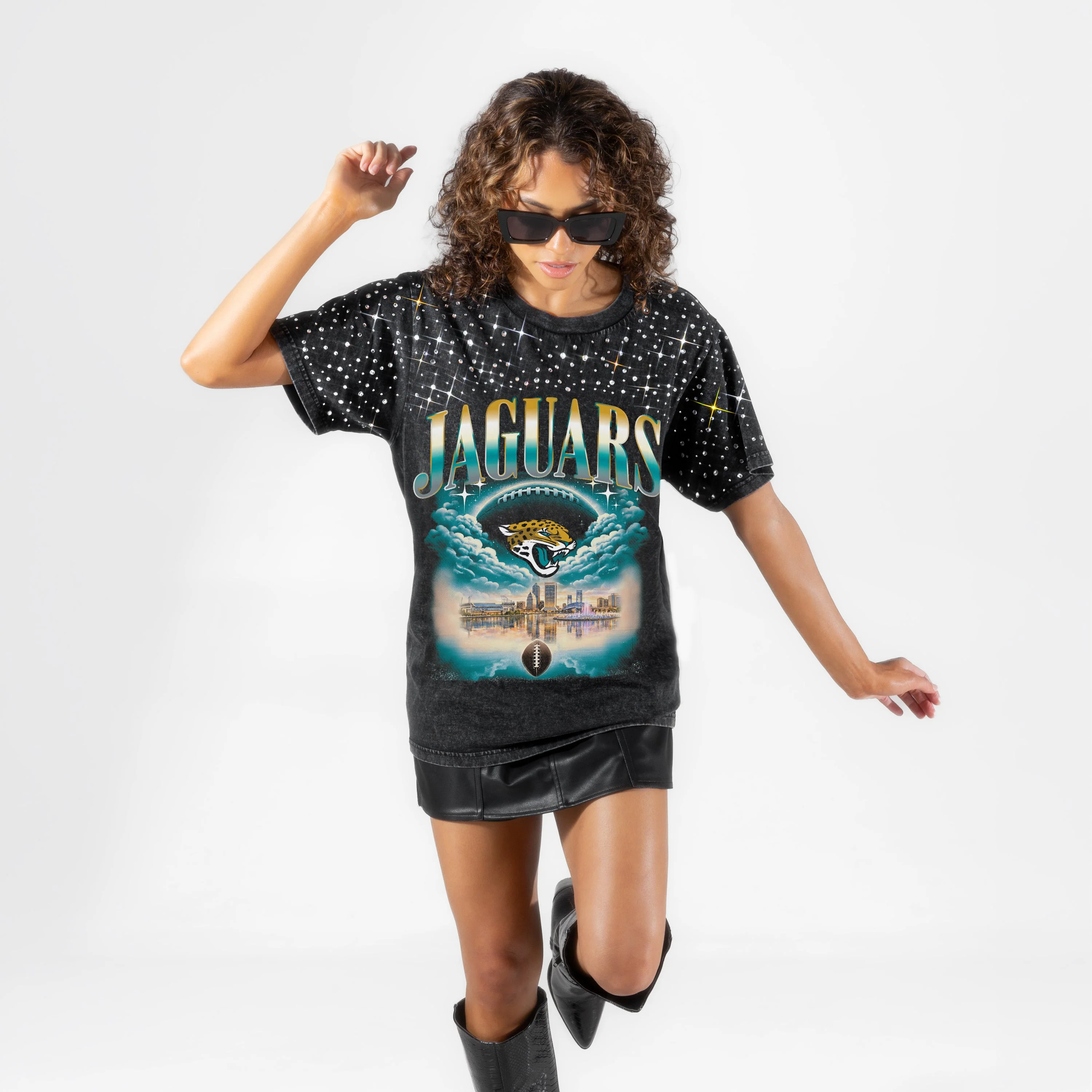 JACKSONVILLE JAGUARS SKY'S THE LIMIT VINTAGE WASH RHINESTONE TEE 7 JACKSONVILLE JAGUARS SKY'S THE LIMIT VINTAGE WASH RHINESTONE TEE