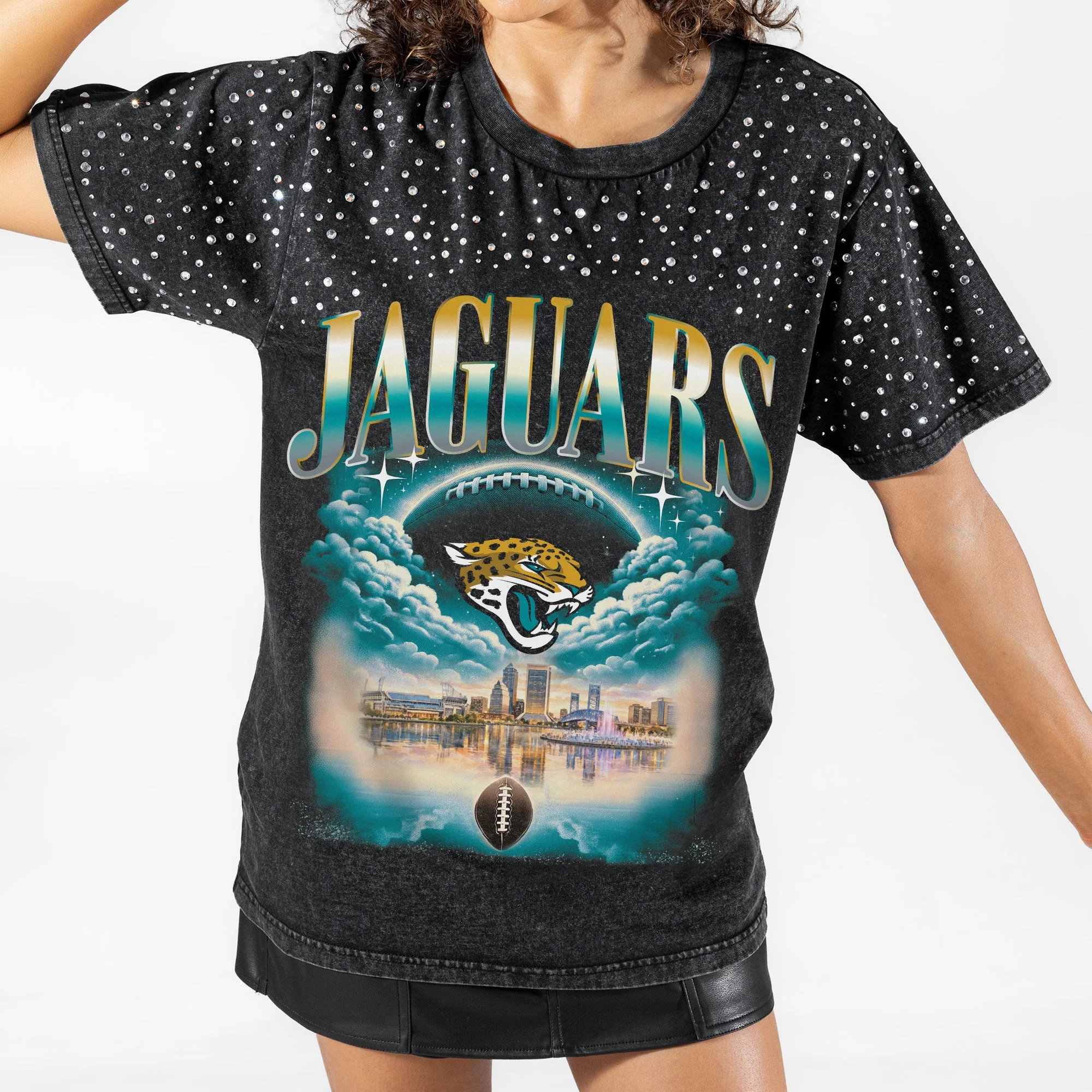 JACKSONVILLE JAGUARS SKY'S THE LIMIT VINTAGE WASH RHINESTONE TEE 8 JACKSONVILLE JAGUARS SKY'S THE LIMIT VINTAGE WASH RHINESTONE TEE