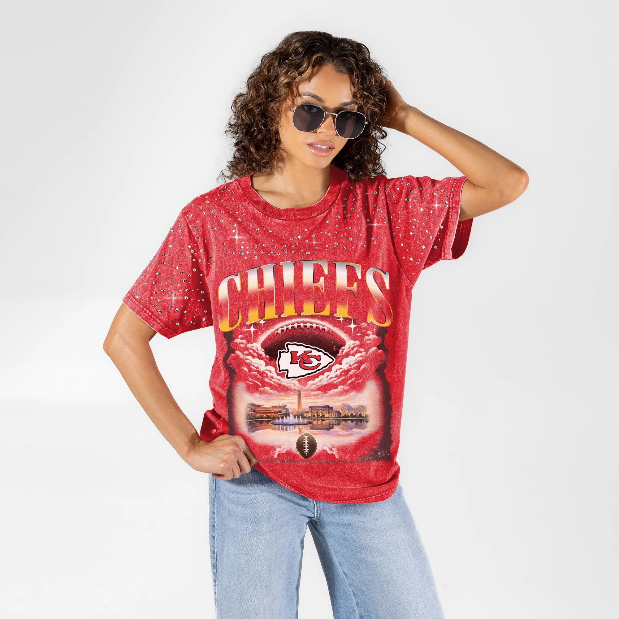 KANSAS CITY CHIEFS SKY'S THE LIMIT VINTAGE WASH RHINESTONE TEE 4 KANSAS CITY CHIEFS SKY'S THE LIMIT VINTAGE WASH RHINESTONE TEE