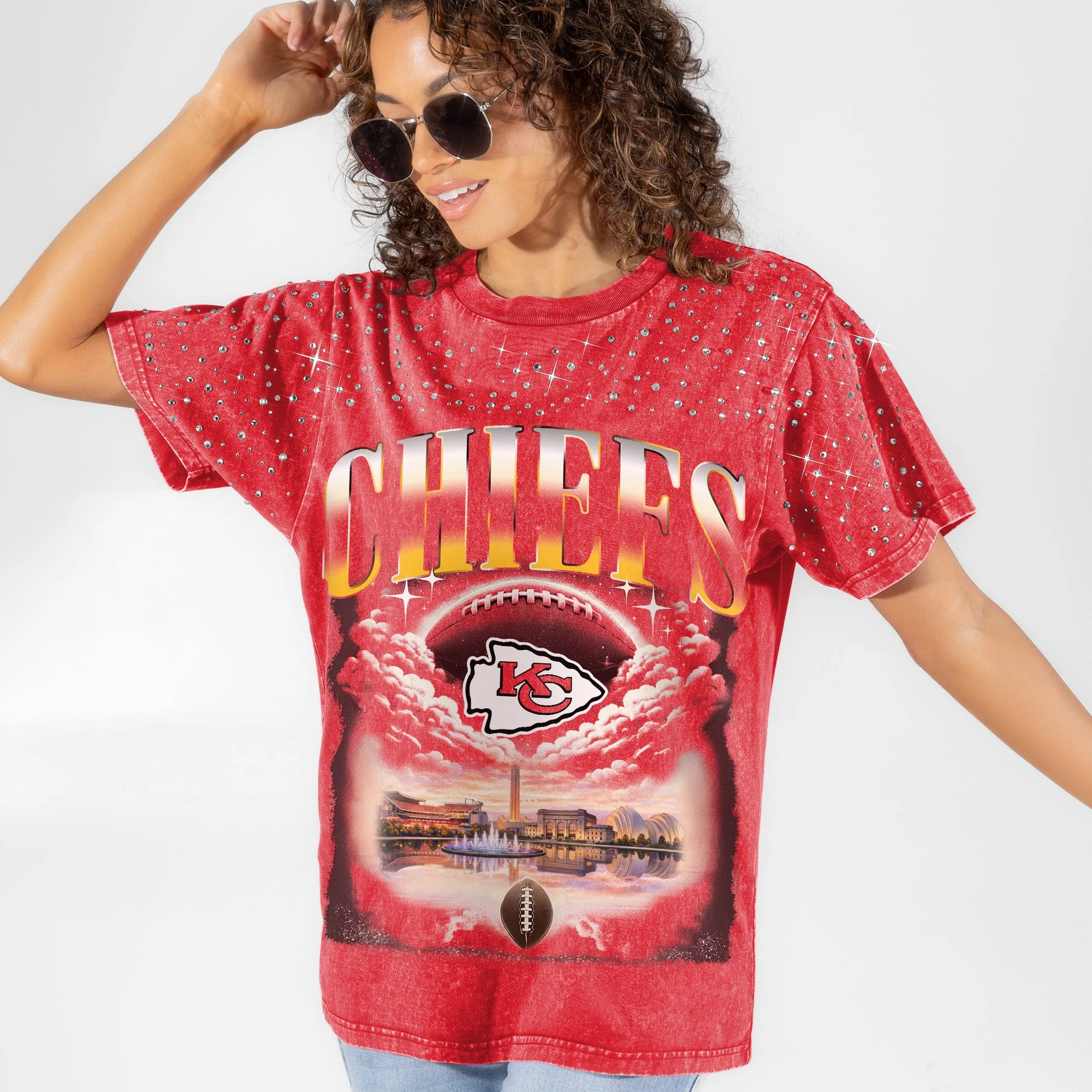 KANSAS CITY CHIEFS SKY'S THE LIMIT VINTAGE WASH RHINESTONE TEE 7 KANSAS CITY CHIEFS SKY'S THE LIMIT VINTAGE WASH RHINESTONE TEE