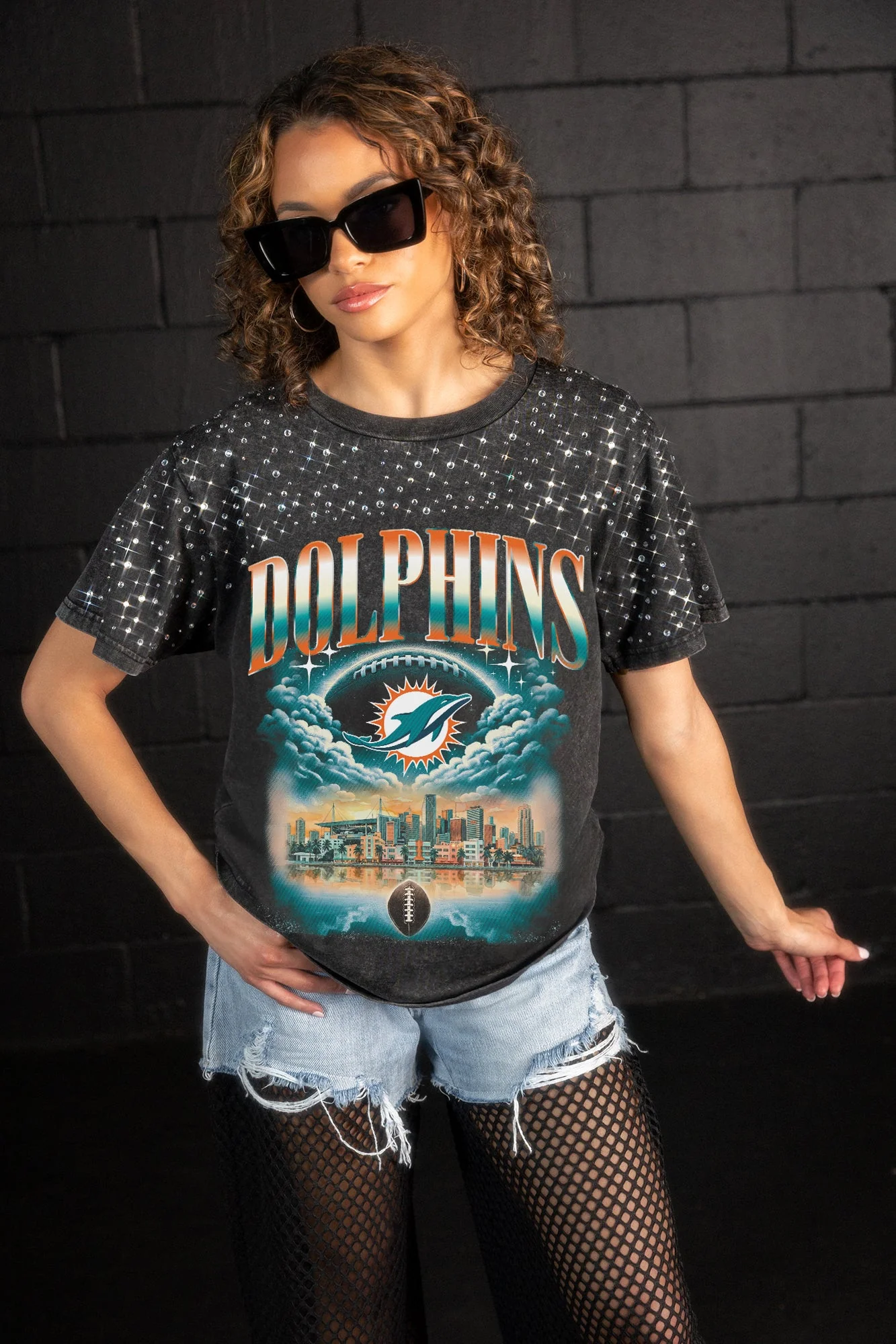 MIAMI DOLPHINS SKY'S THE LIMIT VINTAGE WASH RHINESTONE TEE