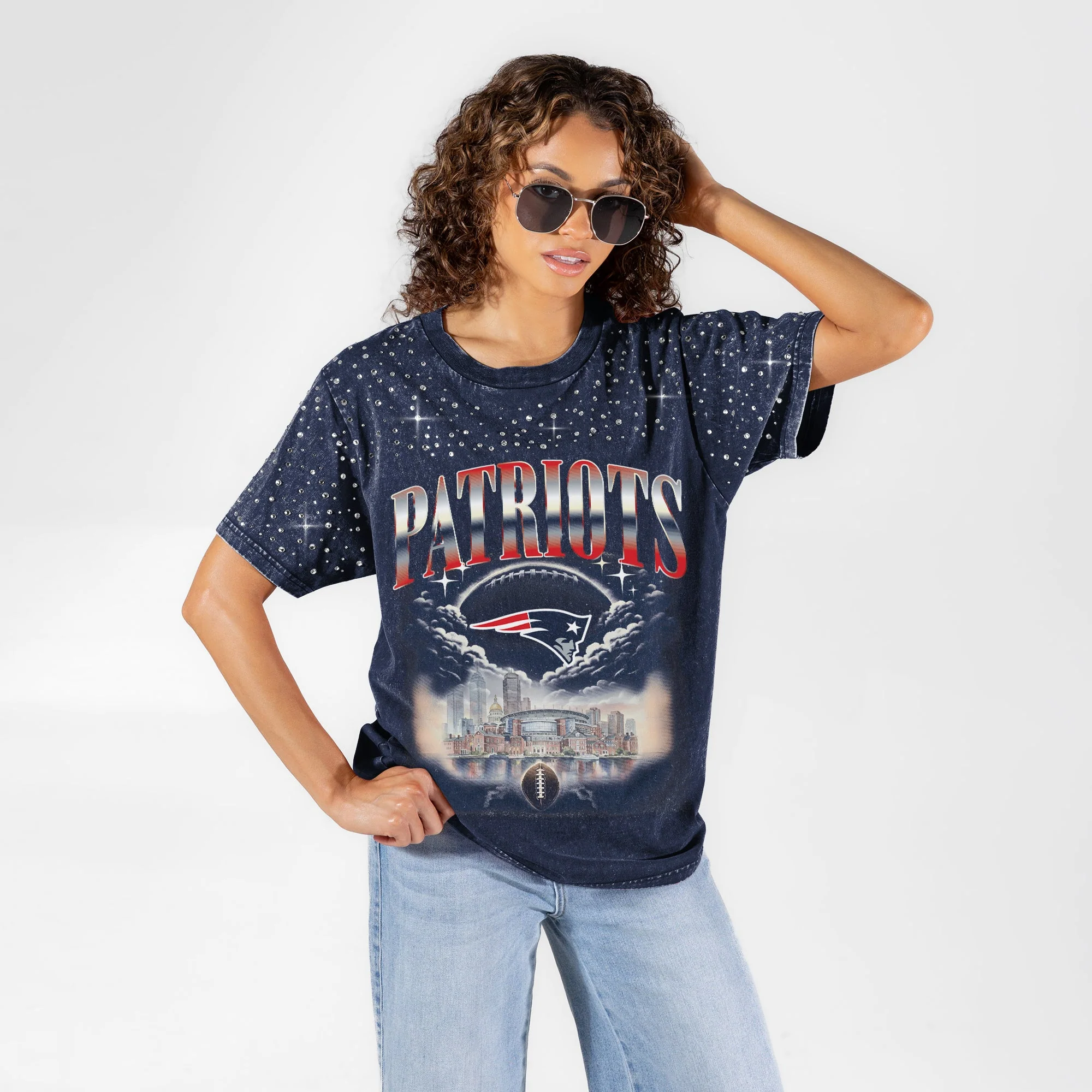 NEW ENGLAND PATRIOTS SKY'S THE LIMIT VINTAGE WASH RHINESTONE TEE 4 NEW ENGLAND PATRIOTS SKY'S THE LIMIT VINTAGE WASH RHINESTONE TEE