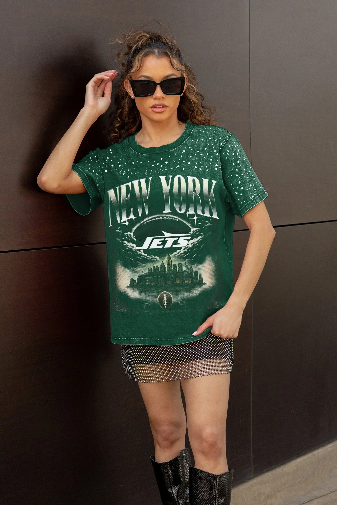 NEW YORK JETS SKY'S THE LIMIT VINTAGE WASH RHINESTONE TEE 1 NEW YORK JETS SKY'S THE LIMIT VINTAGE WASH RHINESTONE TEE