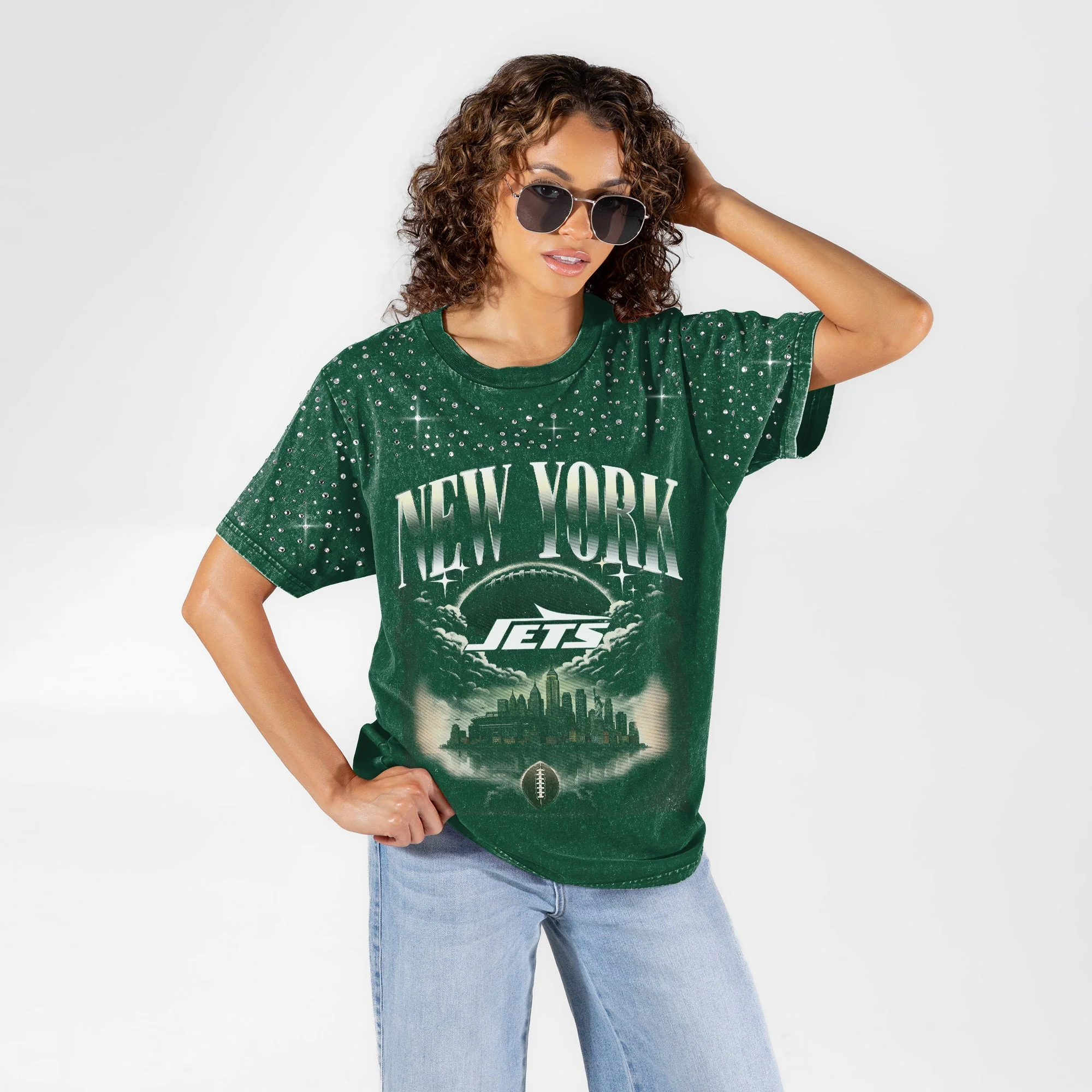 NEW YORK JETS SKY'S THE LIMIT VINTAGE WASH RHINESTONE TEE 4 NEW YORK JETS SKY'S THE LIMIT VINTAGE WASH RHINESTONE TEE