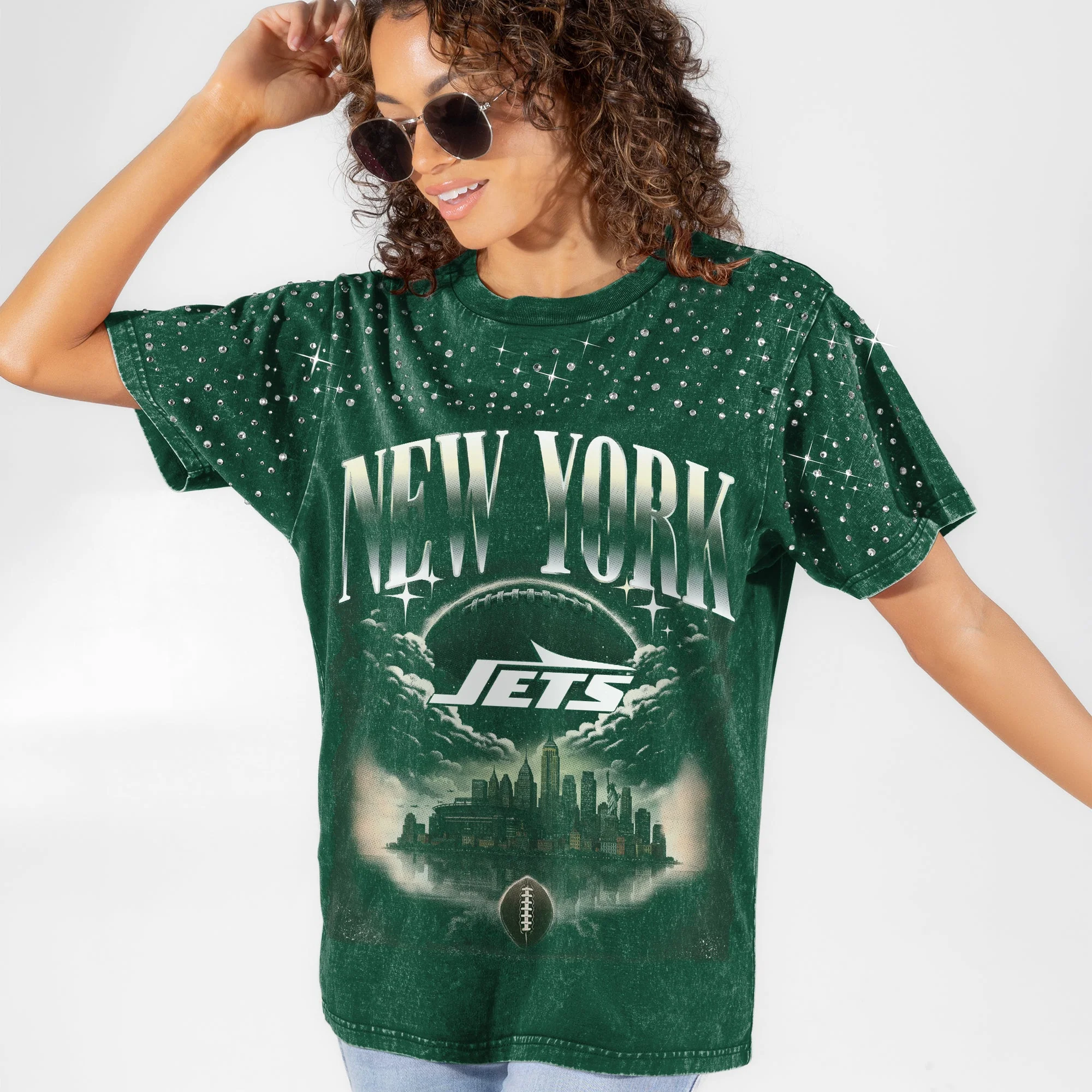 NEW YORK JETS SKY'S THE LIMIT VINTAGE WASH RHINESTONE TEE 7 NEW YORK JETS SKY'S THE LIMIT VINTAGE WASH RHINESTONE TEE