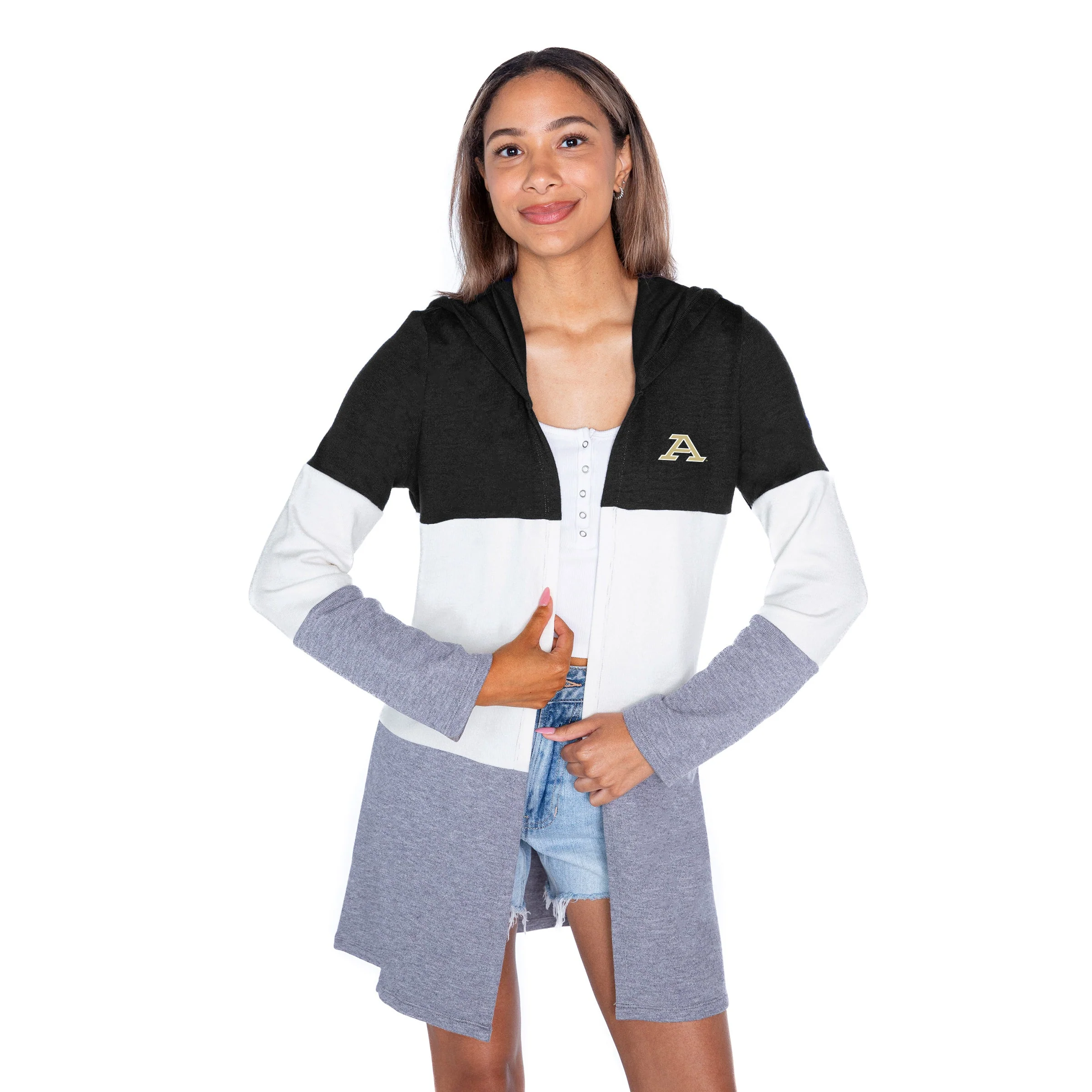 AKRON ZIPS INSIGNIA WOMEN'S LIGHTWEIGHT LONG SLEEVE HOODED CARDIGAN WITH OPEN FRONT AND BOLD COLORBLOCK DETAIL