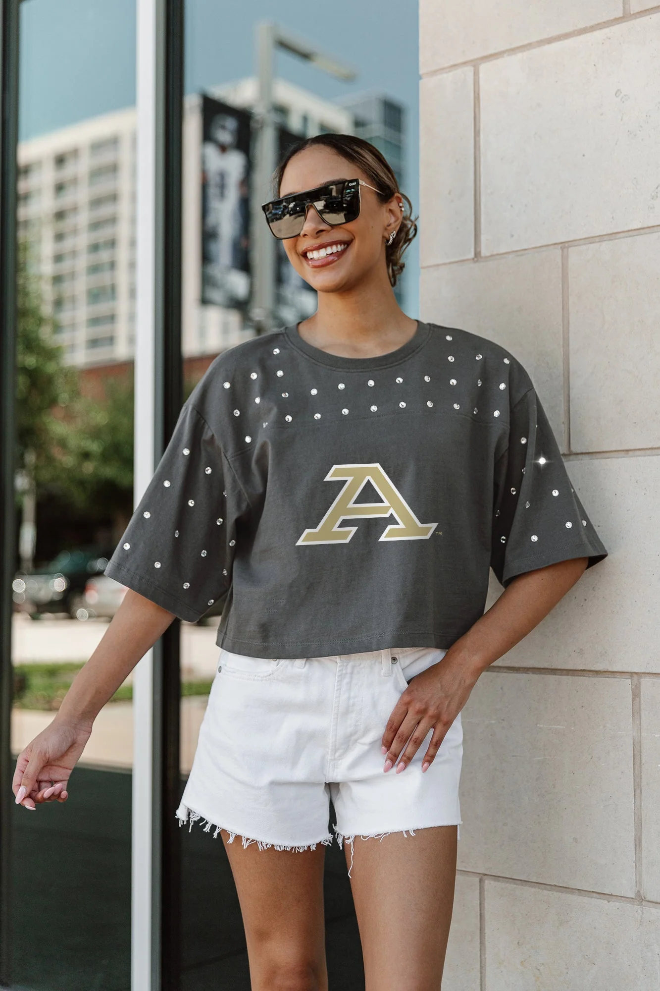 AKRON ZIPS MAKING MOVES ALL-OVER RHINESTONE CROPPED TEE WITH YOKE