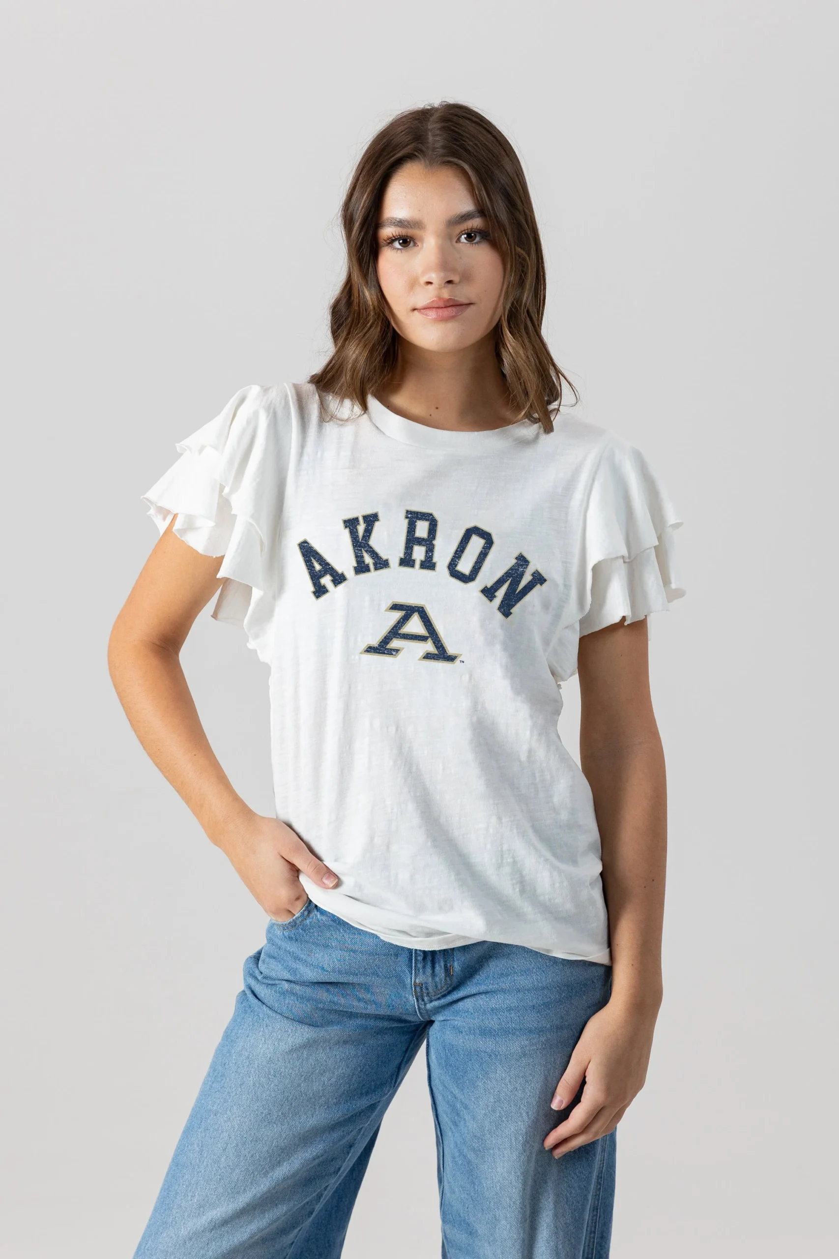 AKRON ZIPS ALL IN TO WIN FLUTTER SLEEVE CREWNECK TOP
