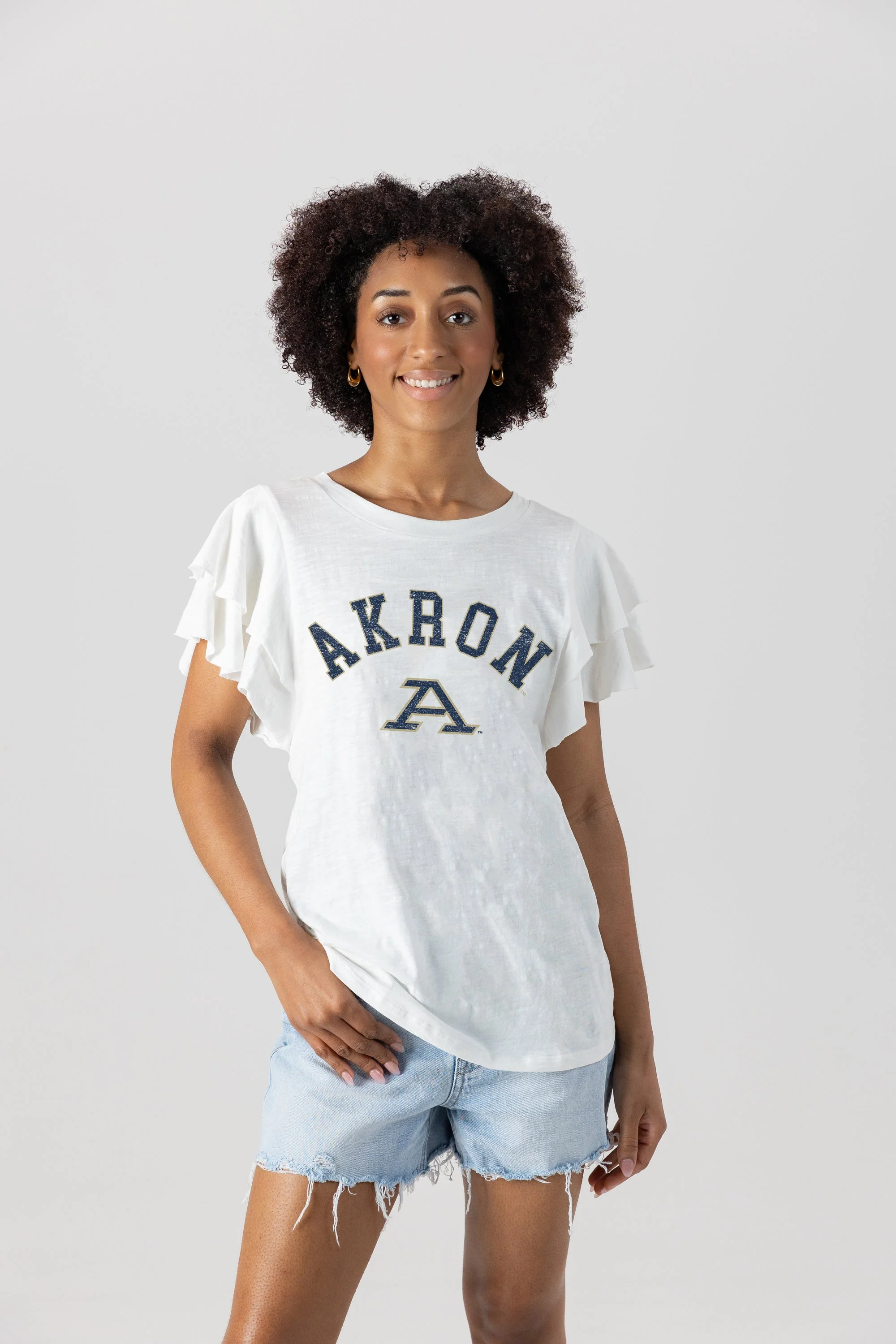 AKRON ZIPS ALL IN TO WIN FLUTTER SLEEVE CREWNECK TOP