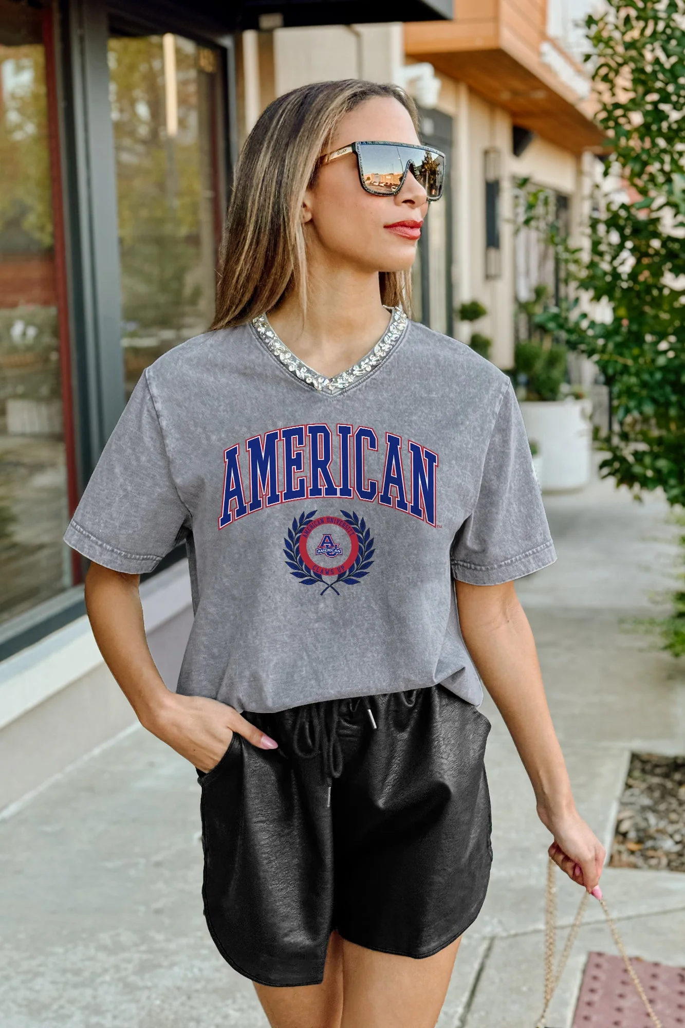 AMERICAN UNIVERSITY EAGLES ICONIC EDGE RHINESTONE TRIM V-NECK TEE