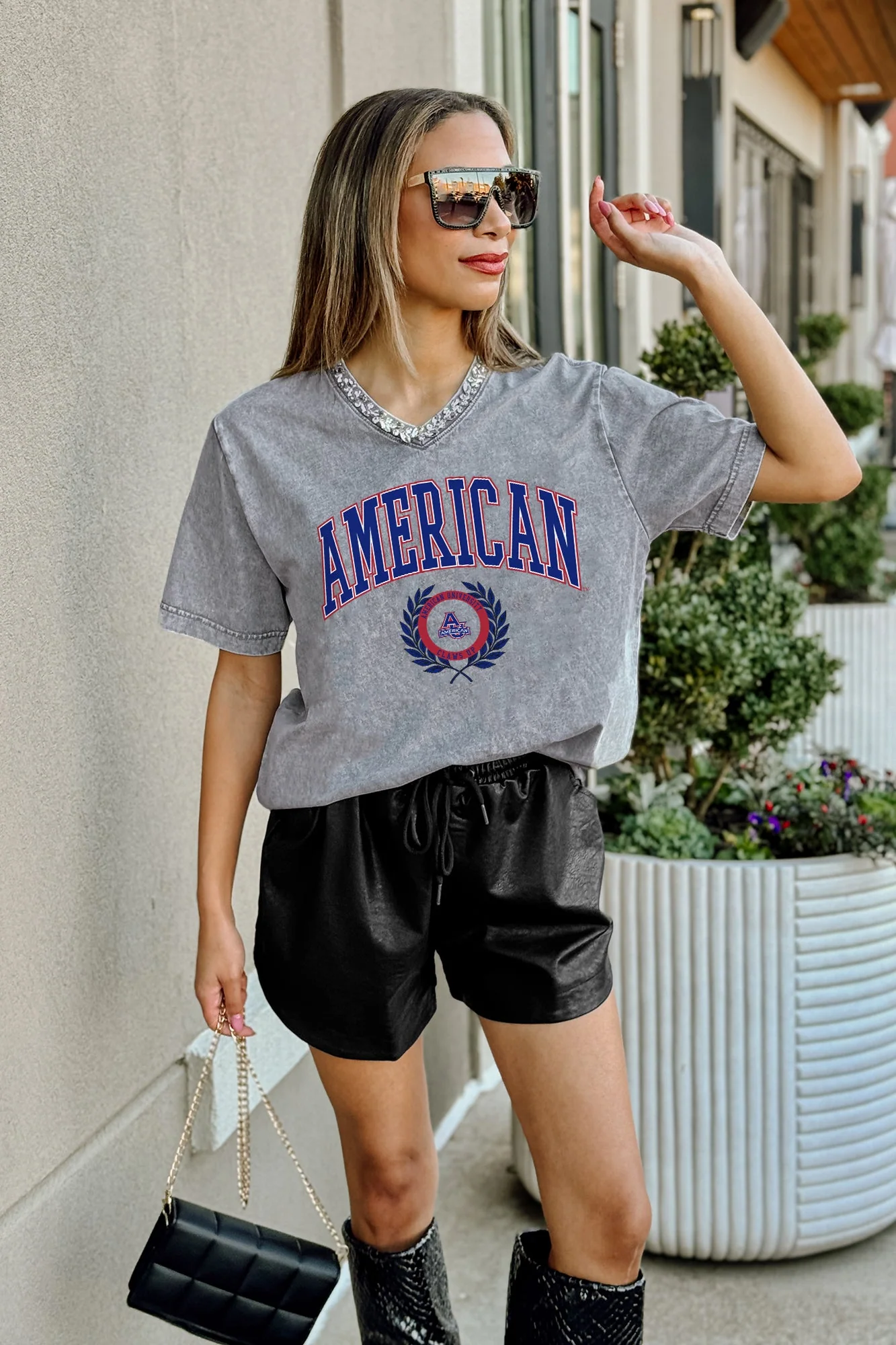 AMERICAN UNIVERSITY EAGLES ICONIC EDGE RHINESTONE TRIM V-NECK TEE