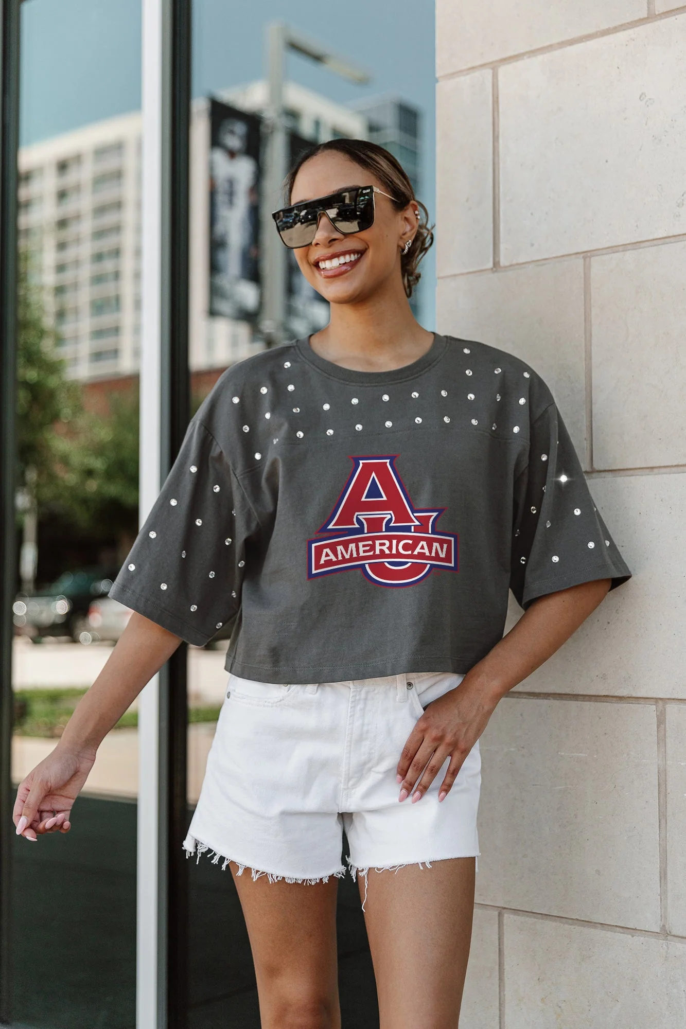AMERICAN UNIVERSITY EAGLES MAKING MOVES ALL-OVER RHINESTONE CROPPED TEE WITH YOKE