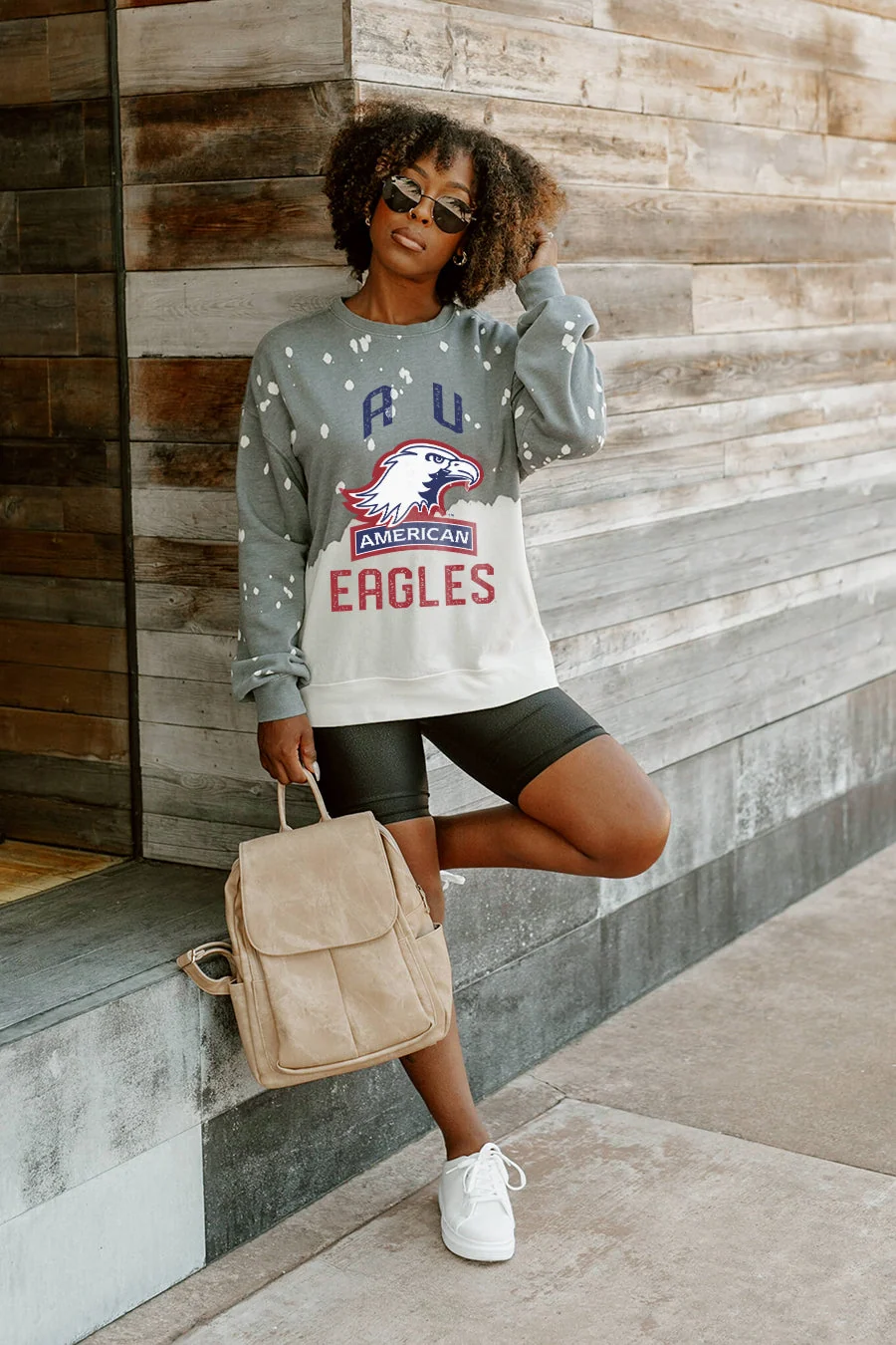 AMERICAN UNIVERSITY EAGLES UPCYCLE AND VINTAGE FADED WASH CREWNECK PULLOVER