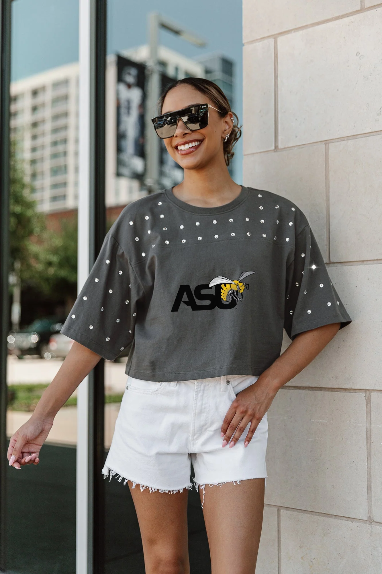 ALABAMA STATE HORNETS MAKING MOVES ALL-OVER RHINESTONE CROPPED TEE WITH YOKE