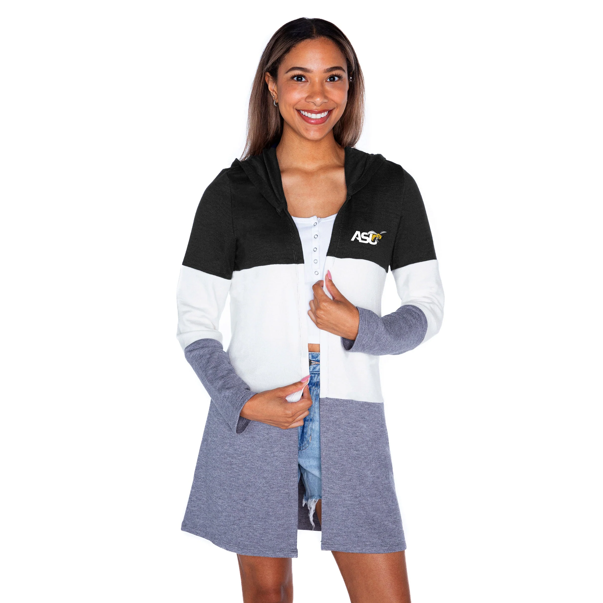 ALABAMA STATE HORNETS INSIGNIA WOMEN'S LIGHTWEIGHT LONG SLEEVE HOODED CARDIGAN WITH OPEN FRONT AND BOLD COLORBLOCK DETAIL