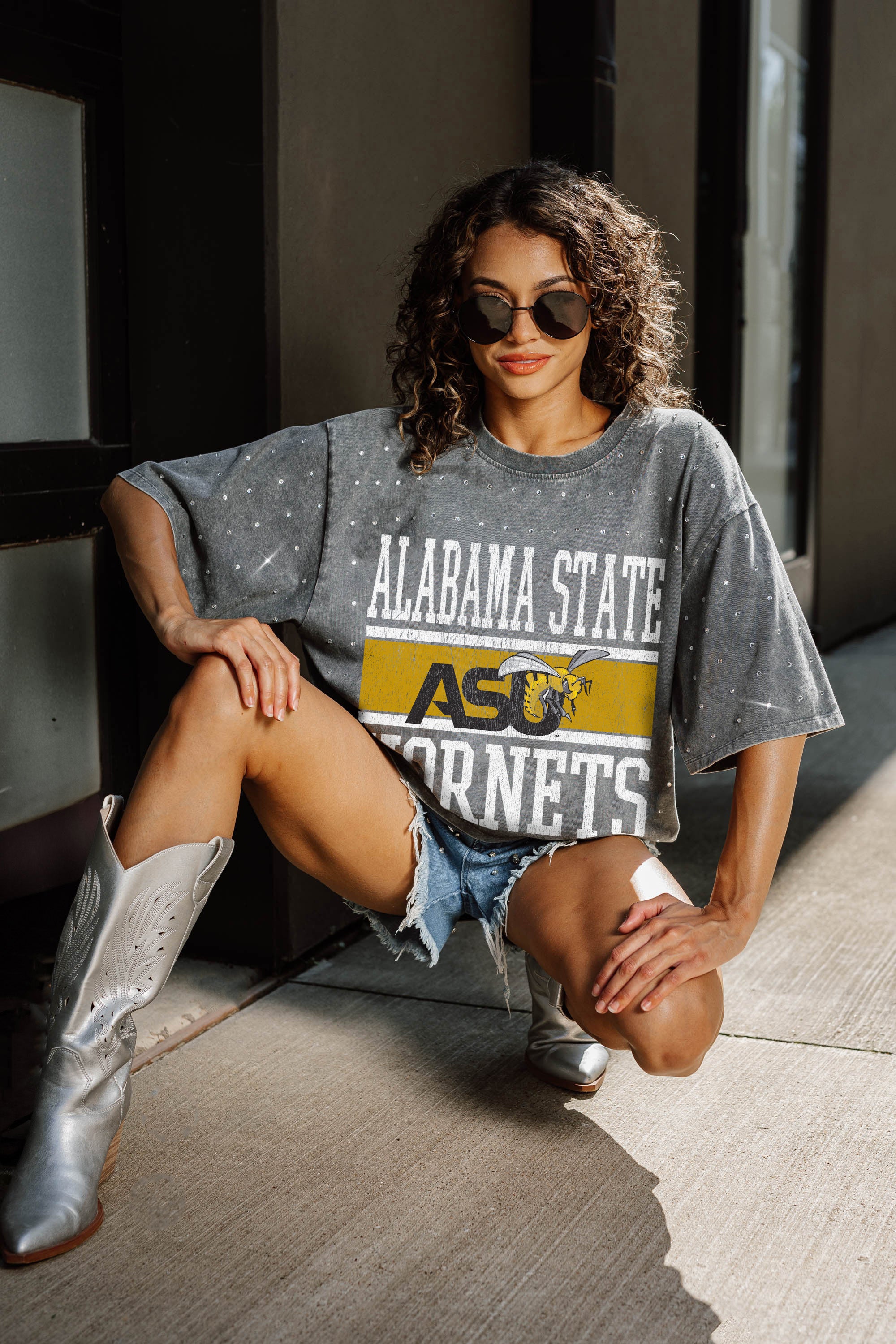 ALABAMA STATE HORNETS ON THE BALL MINI RHINESTONE SHORT SLEEVE CLASSIC TEE 3 ALABAMA STATE HORNETS ON THE BALL MINI RHINESTONE SHORT SLEEVE CLASSIC TEE