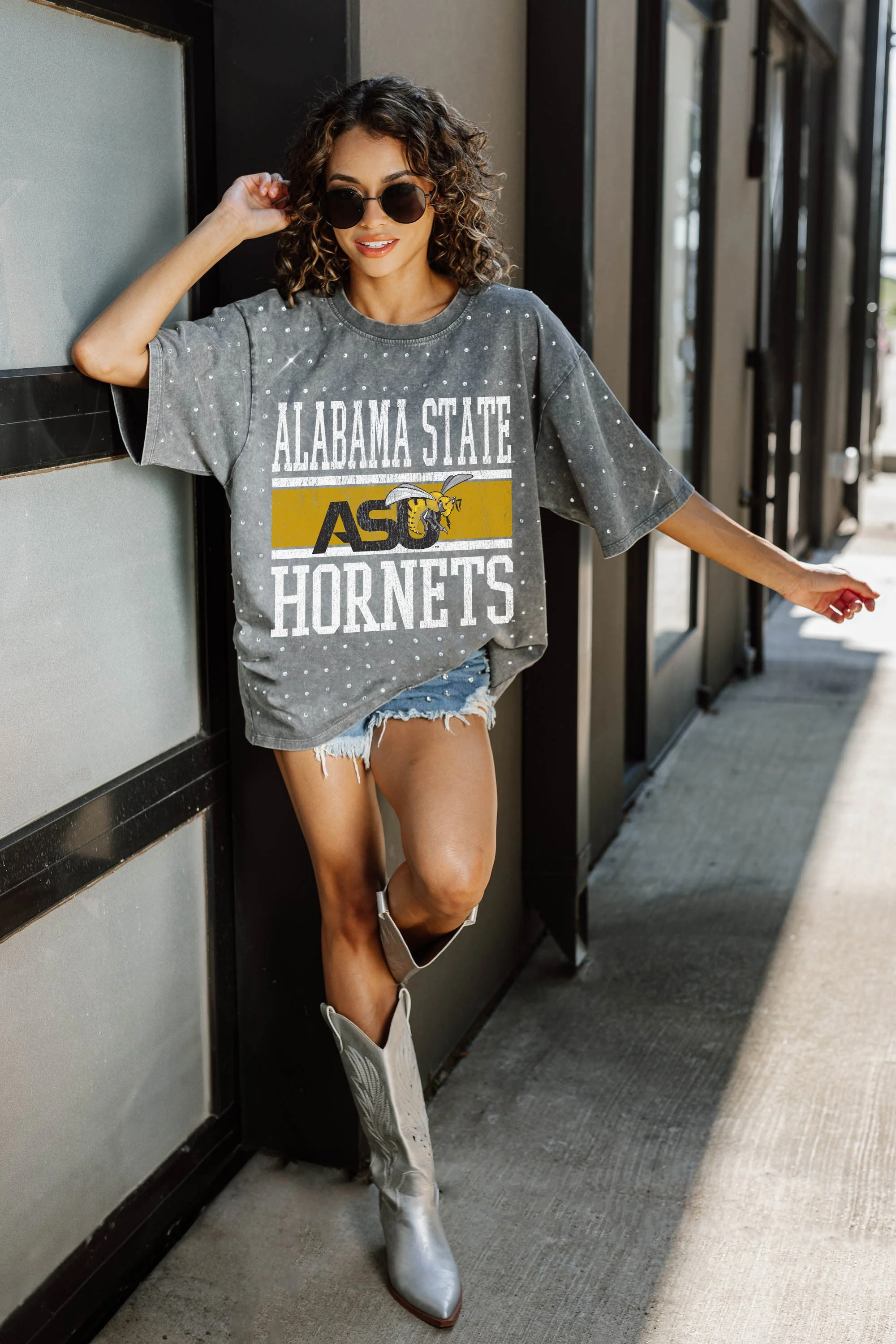 ALABAMA STATE HORNETS ON THE BALL MINI RHINESTONE SHORT SLEEVE CLASSIC TEE 4 ALABAMA STATE HORNETS ON THE BALL MINI RHINESTONE SHORT SLEEVE CLASSIC TEE