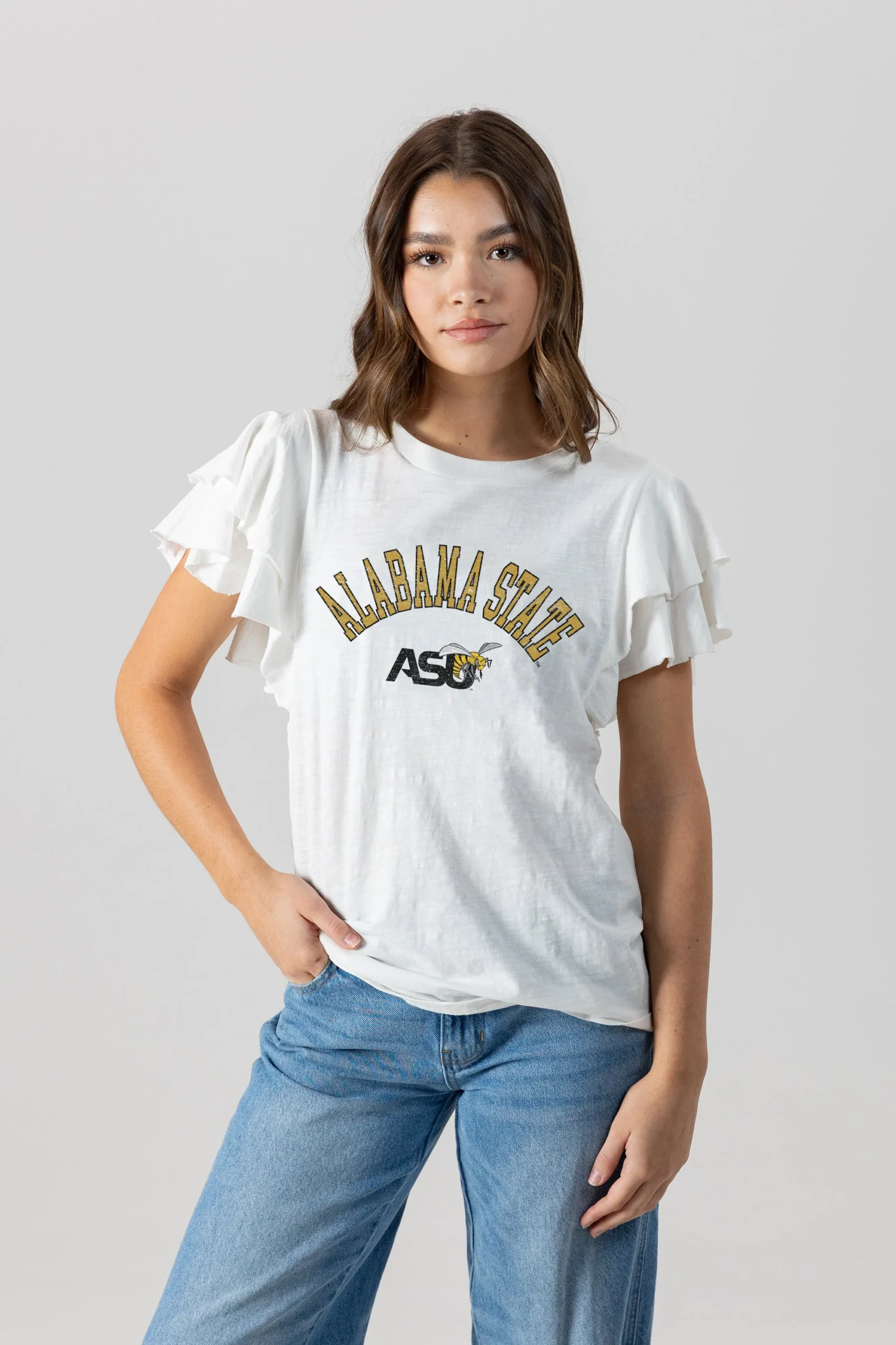 ALABAMA STATE HORNETS ALL IN TO WIN FLUTTER SLEEVE CREWNECK TOP