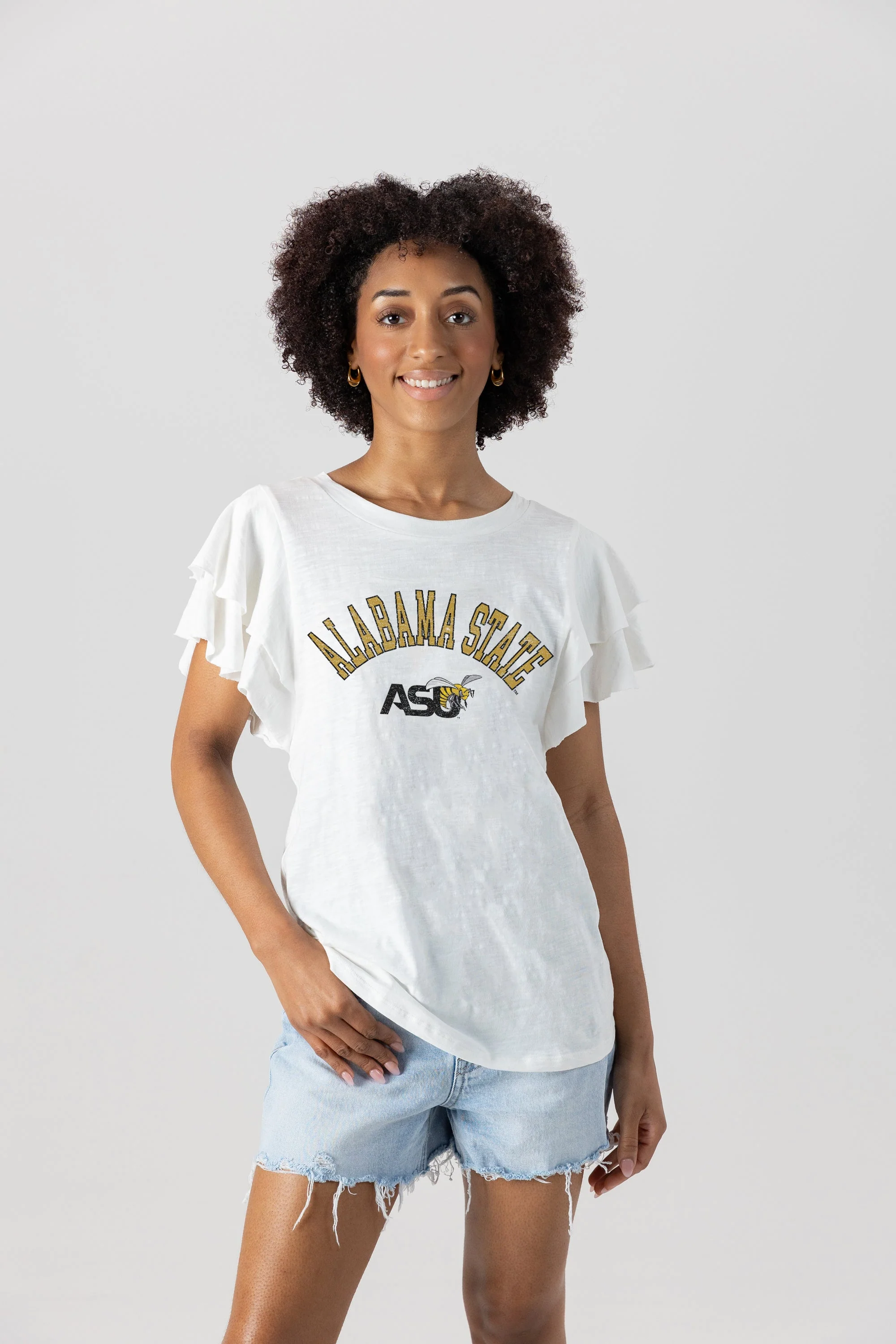 ALABAMA STATE HORNETS ALL IN TO WIN FLUTTER SLEEVE CREWNECK TOP