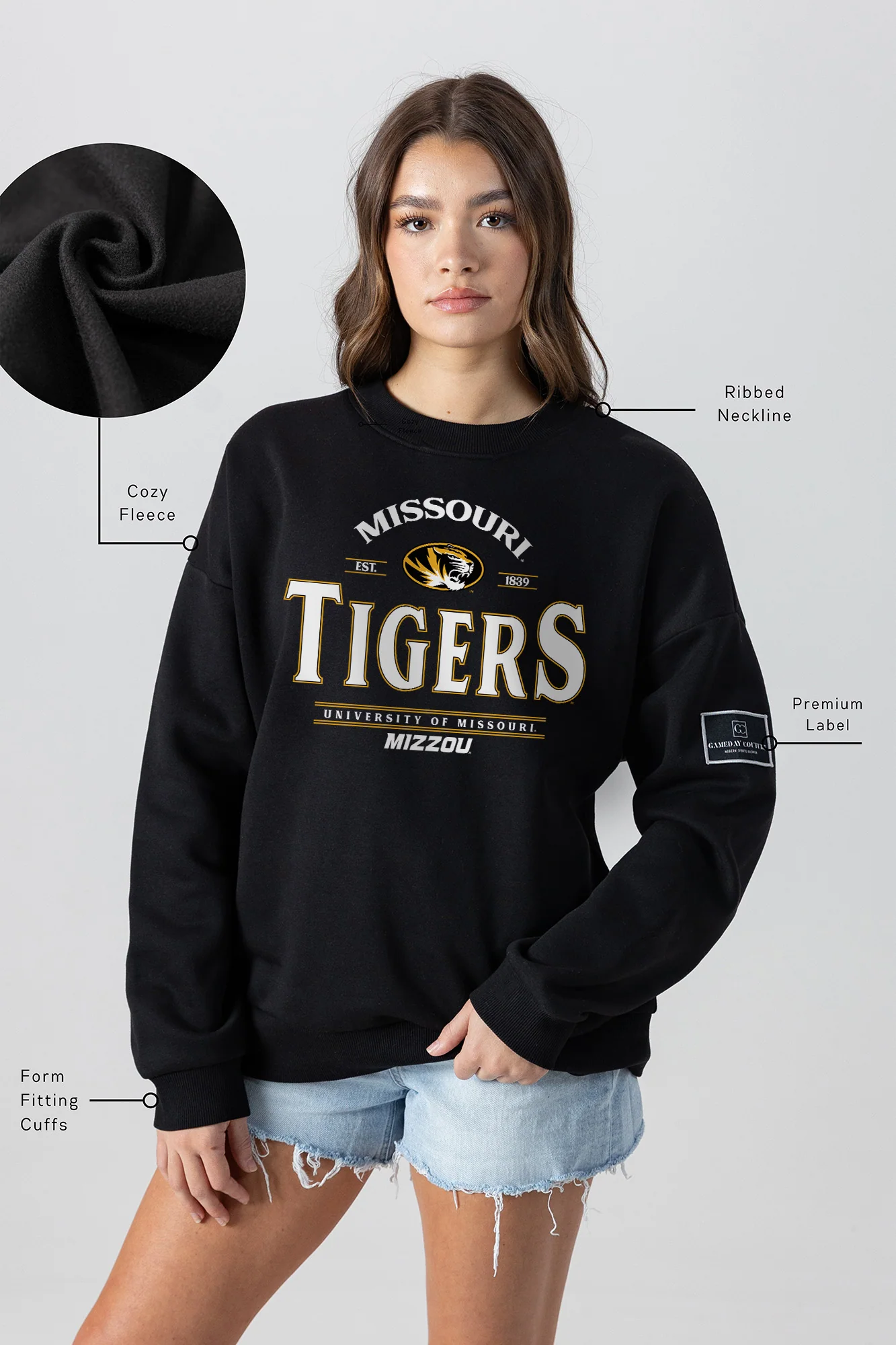 MISSOURI TIGERS Players Only Fleece Drop-Shoulder Crew 4 MISSOURI TIGERS Players Only Fleece Drop-Shoulder Crew